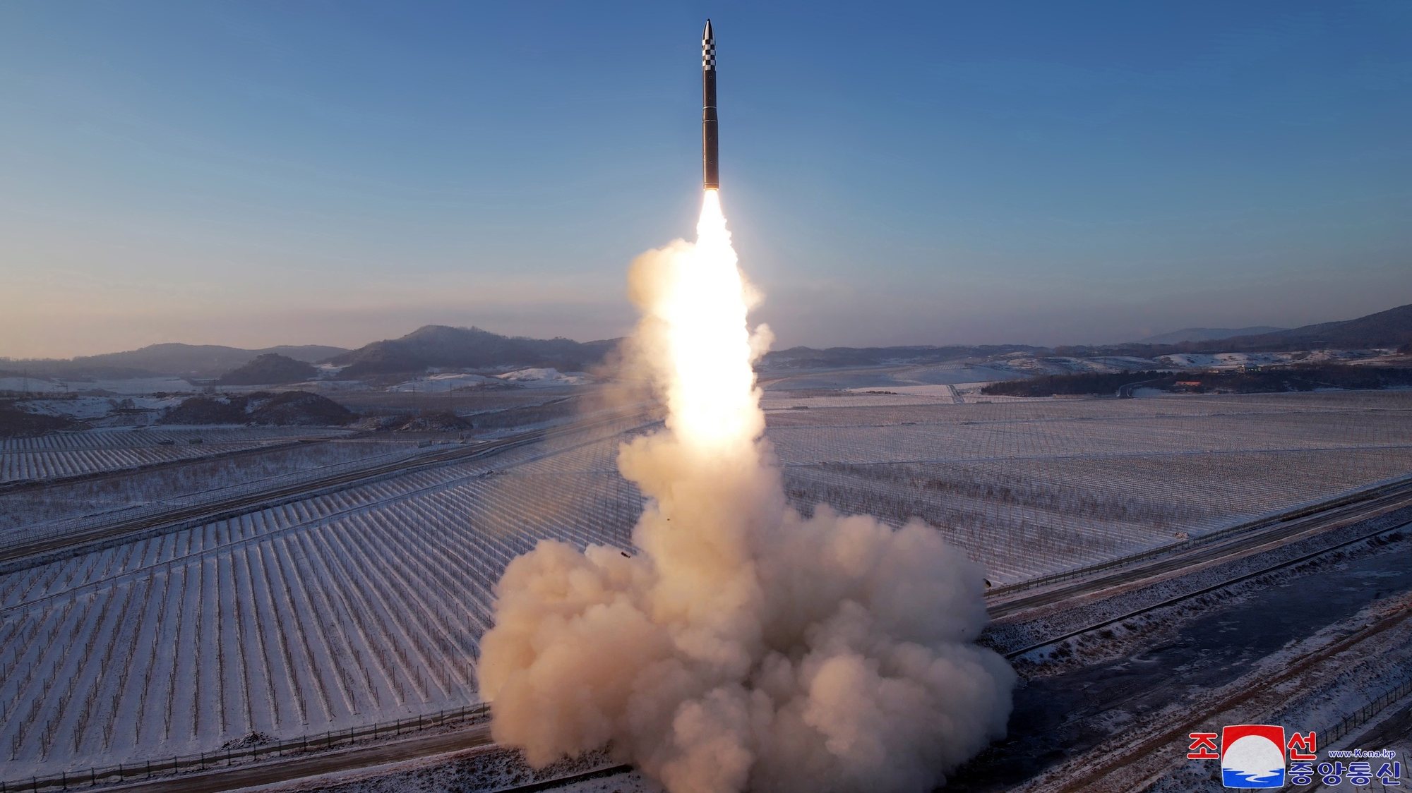 epa11036731 A photo released by the official North Korean Central News Agency (KCNA) shows the launch of a Hwasong-18 solid-fuel intercontinental ballistic missile (ICBM), at an undisclosed location in North Korea, 18 December 2023 (issued 19 December 2023). According to KCNA, the ICBM flew 1,002.3 kilometers for 4,415 seconds at a maximum altitude of 6,518.2 km before &#039;accurately&#039; hitting the East Sea.  EPA/KCNA   EDITORIAL USE ONLY  EDITORIAL USE ONLY