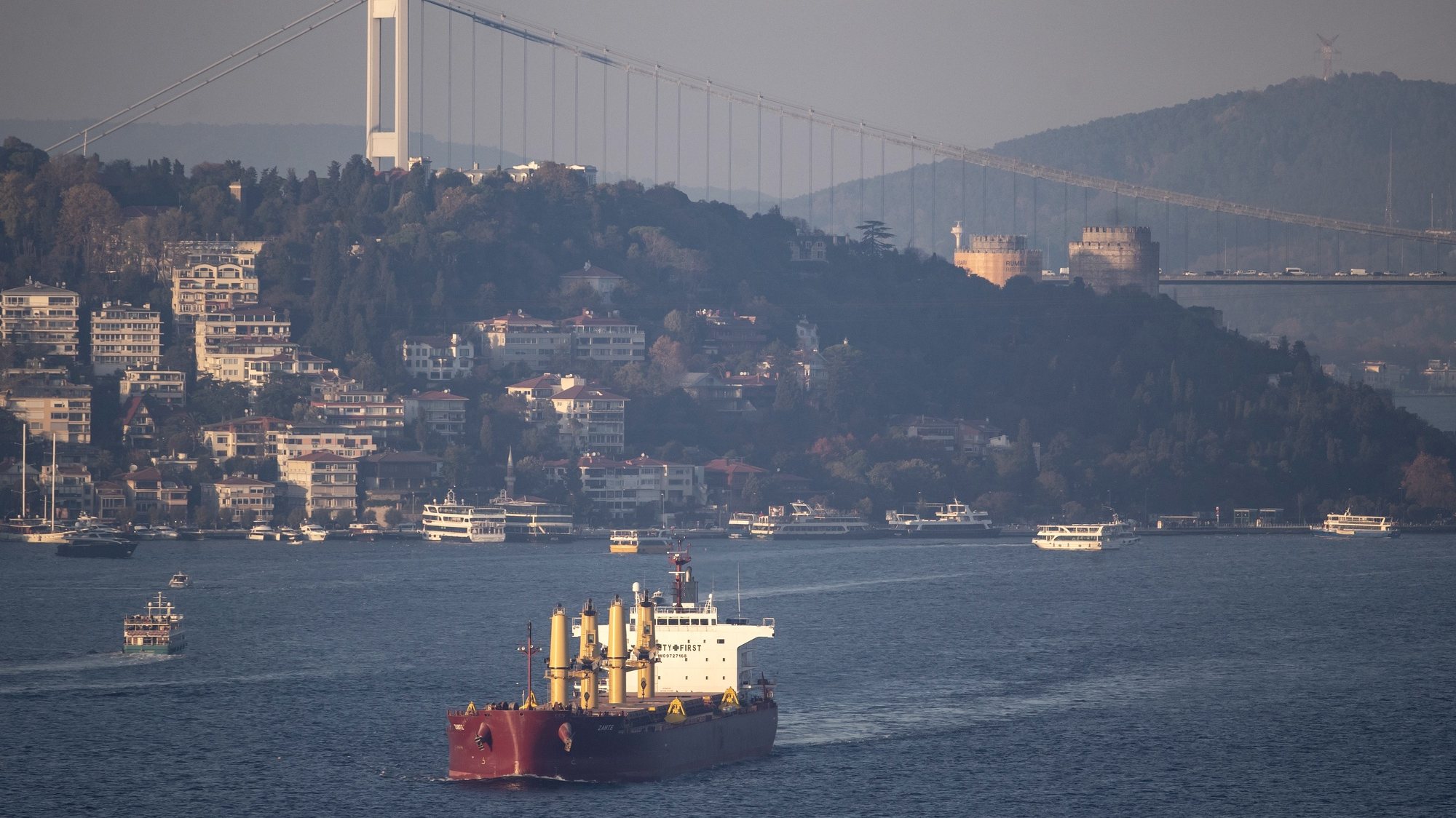 epa10281685 Cargo ship Zante, carrying Ukranian grain, sails on the Bosphorus Strait, in Istanbul, Turkey, 02 November 2022. On 02 November Russian Defence Ministry in a statement announced Russia will resume its participation in the grain exports deal, after suspending its participation on 29 October.  EPA/ERDEM SAHIN