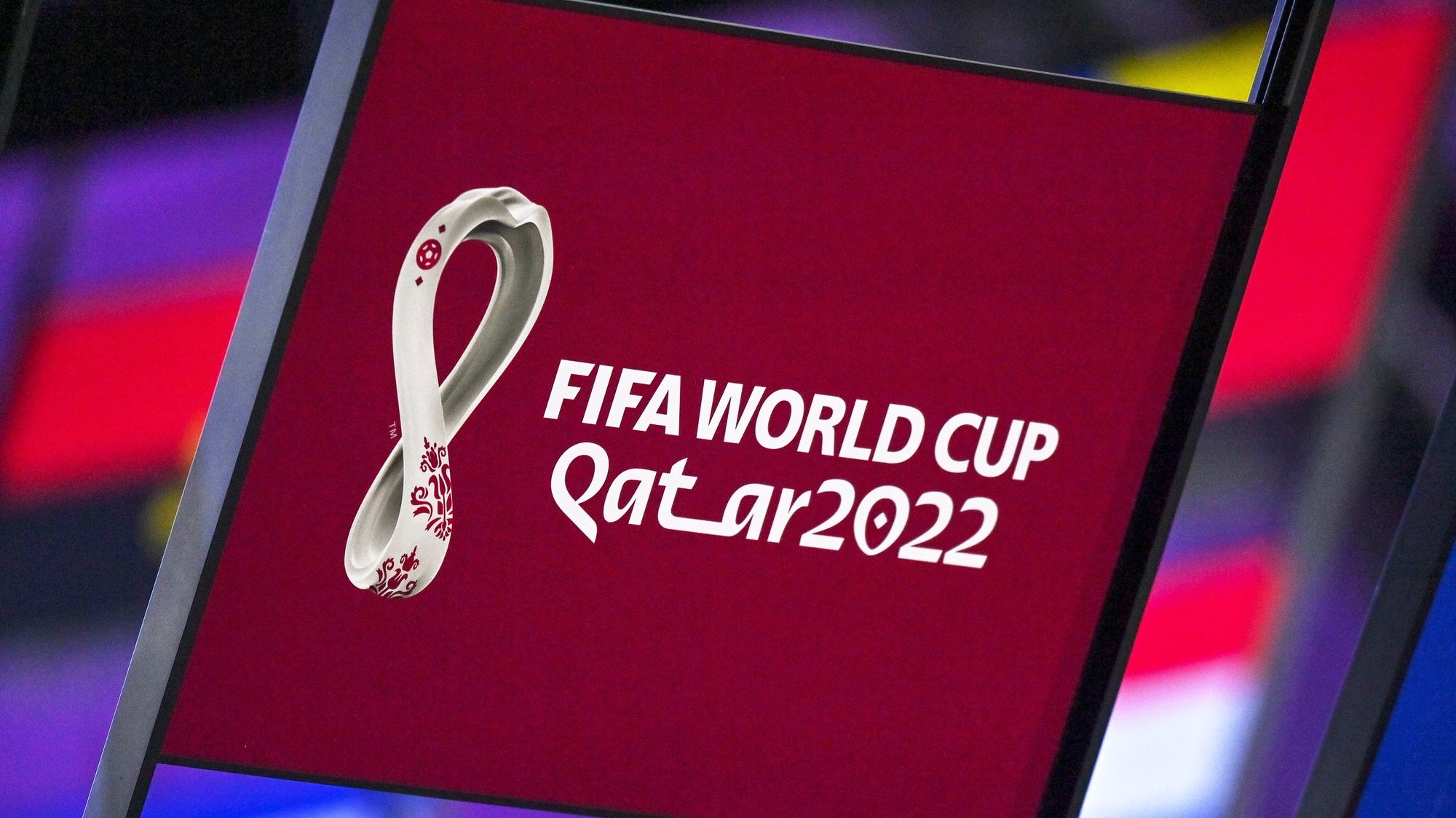 epa09861681 A FIFA World Cup Qatar 2022 sign during the 72nd FIFA Congress in Doha, Qatar, 31 March 2022.  EPA/NOUSHAD THEKKAYIL
