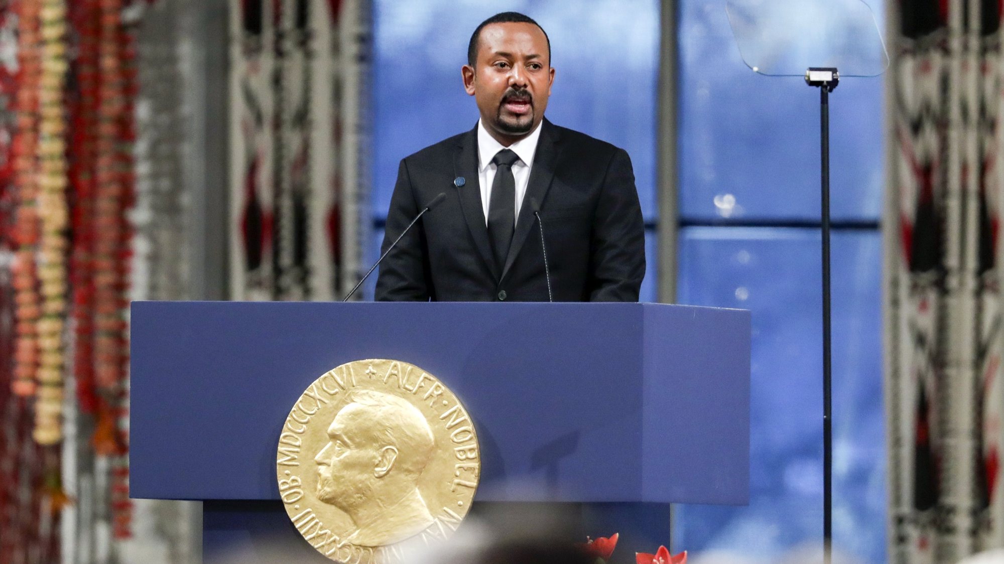 epa08059602 Ethiopian Prime Minister Abiy Ahmed Ali, the 2019 Nobel Peace Prize laureate, gives his acceptance speech during the awarding ceremony in Oslo, Norway, 10 December 2019.  EPA/Stian Lysberg Solum  NORWAY OUT