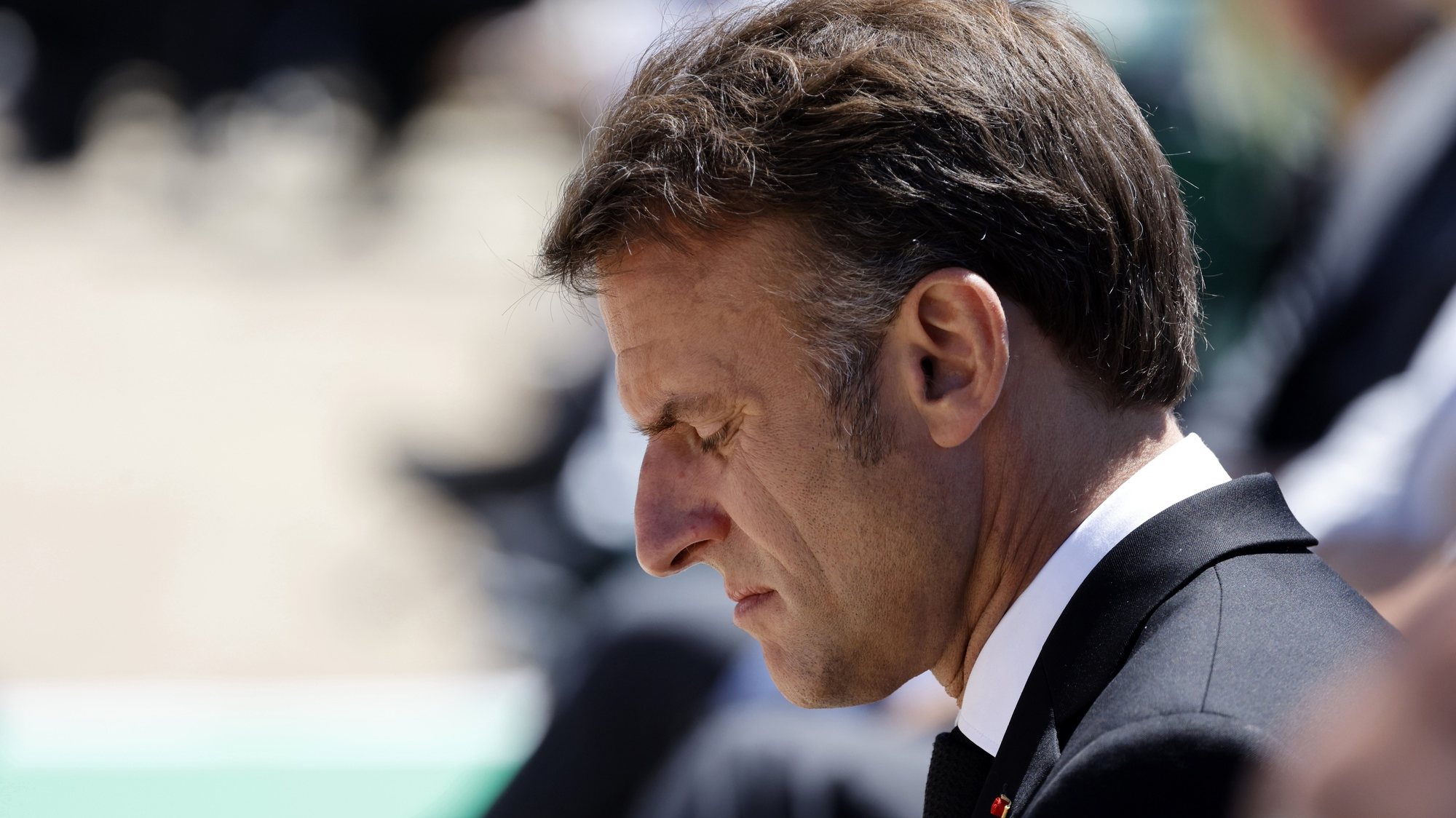 epa11402298 French President Emmanuel Macron attends a ceremony marking the 80th anniversary of the massacre of 643 persons by Nazi German forces, in Oradour-sur-Glane, southwestern France, 10 June 2024. On 10 June 1944, just four days after the Allied forces landed on the Normandy coast on D-Day, 643 inhabitants, including 247 children, were massacred in the village of Oradour-sur-Glane in southwestern France, by German Waffen-SS soldiers belonging to the 2nd SS Panzer Division &#039;Das Reich&#039;.  EPA/LUDOVIC MARIN / POOL  MAXPPP OUT