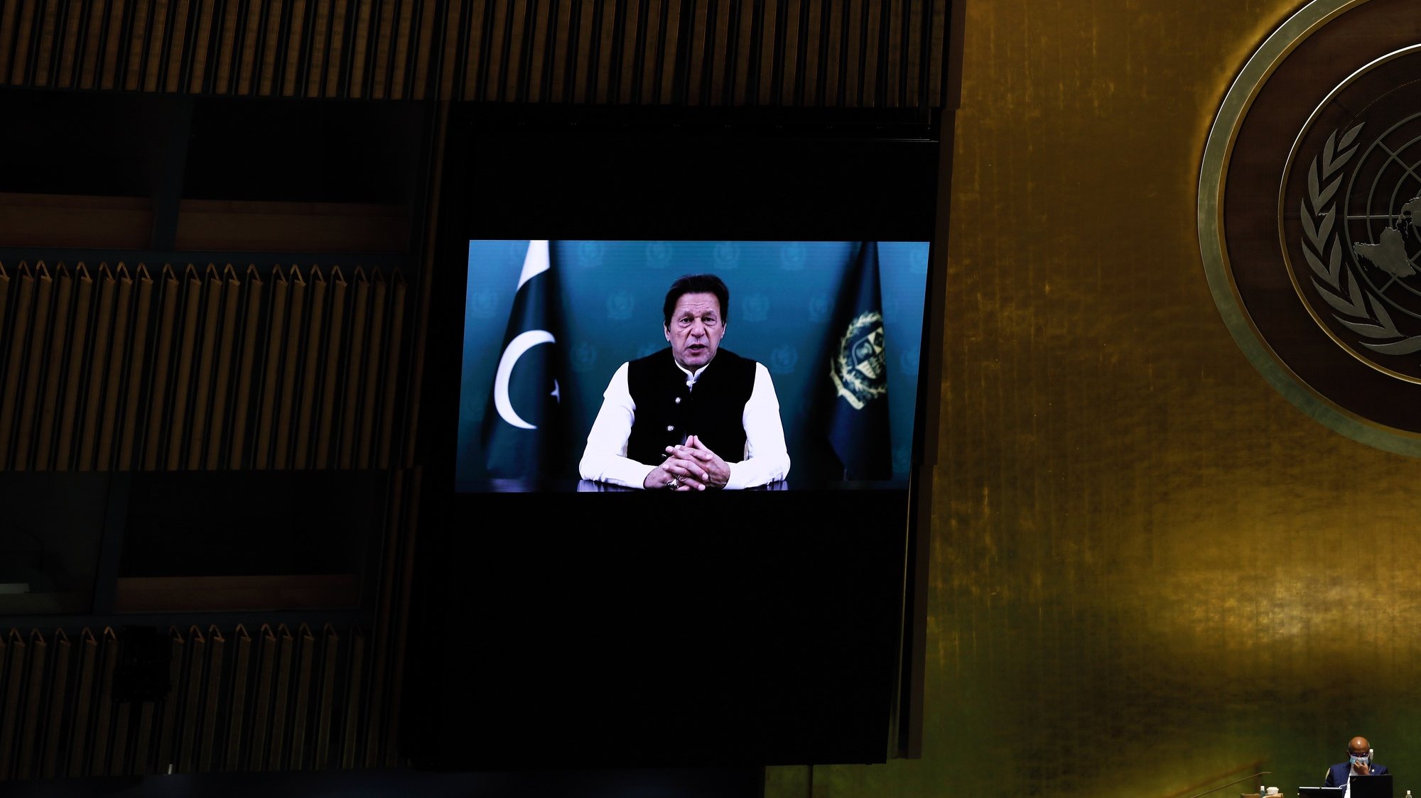 epa09486571 Prime Minister of Pakistan, Imran Khan addresses, via prerecorded video the General Debate of the 76th Session of the United Nations General Assembly at UN Headquarters in New York, New York, USA, 24 September 2021.  EPA/PETER FOLEY