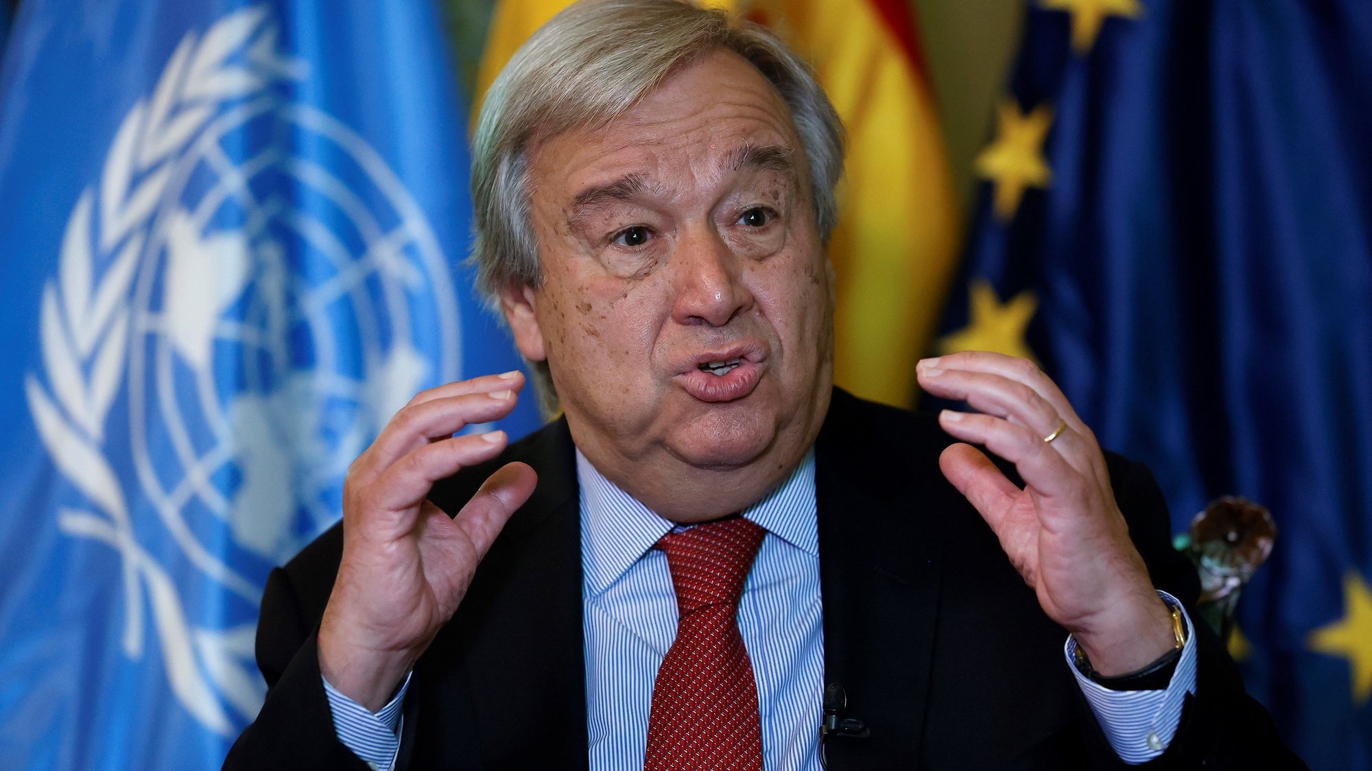 epa09319785 UN Secretary General Antonio Guterres during an interview with Agencia Efe in Madrid, Spain, 02 July 2021 (issued on 03 July 2021). Guterres considers that &#039;Time to take decisions to fight against climate change is running out&#039;.  EPA/Chema Moya
