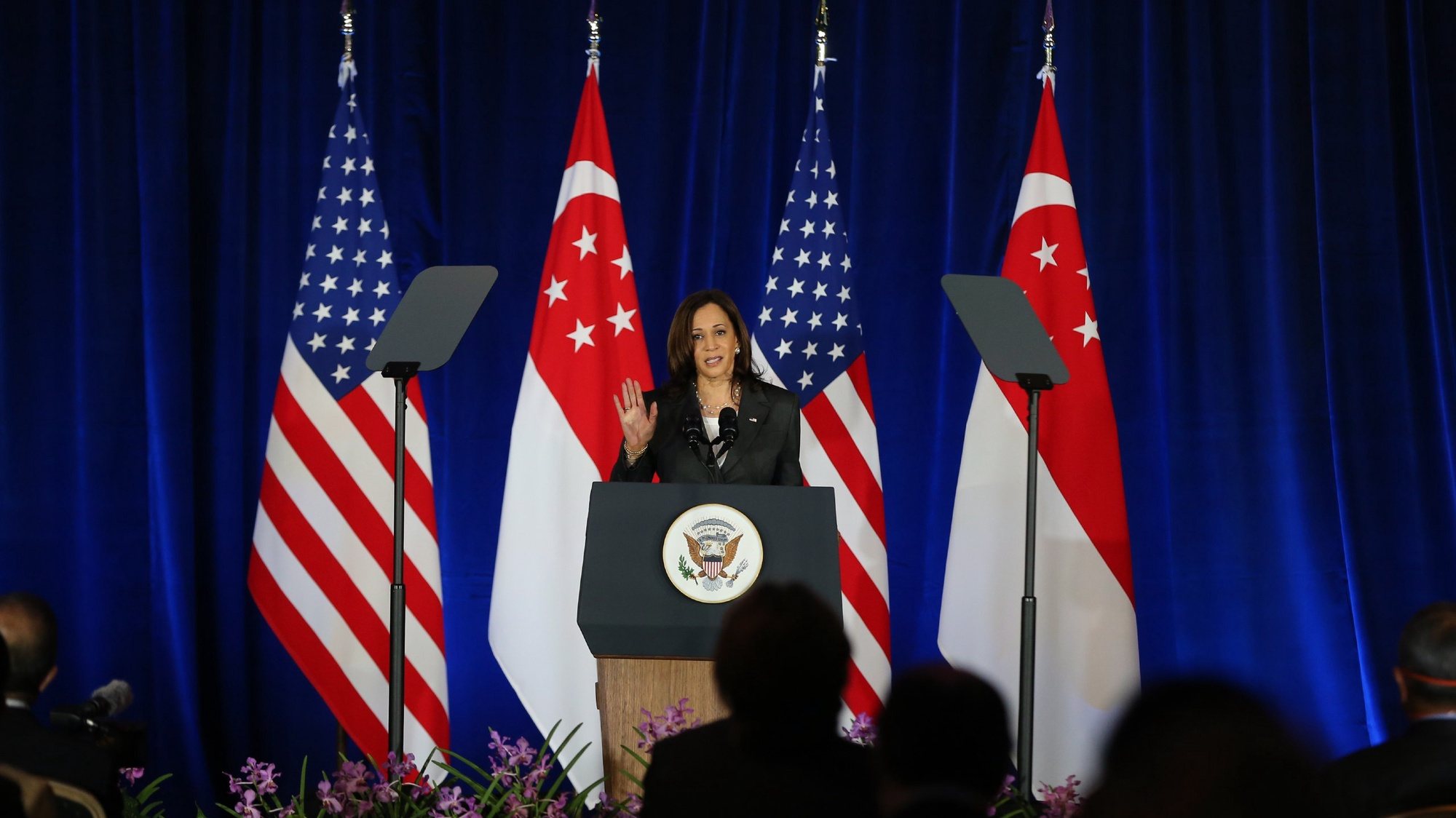 epa09427015 US Vice President Kamala Harris delivers a speech at Gardens by the Bay in Singapore, 24 August 2021. US Vice President Kamala Harris is on an official three-day visit to Singapore before heading to Vietnam on 24 August 2021.  EPA/ONG WEE JIN / SPH SINGAPORE OUT
