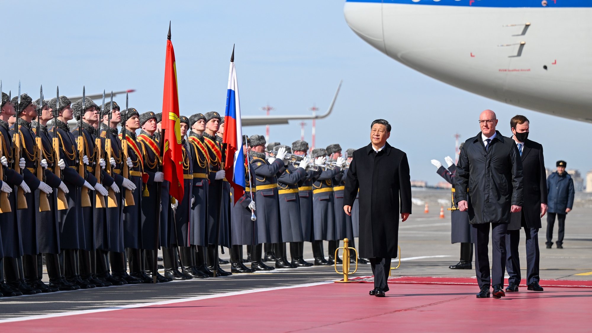 epa10534501 Chinese President Xi Jinping is greeted by Russian Deputy Prime Minister Dmitry Chernyshenko and other senior Russian officials upon his arrival at Moscow Vnukovo Airport in Moscow, Russia, 20 March 2023.  EPA/XINHUA / Xie Huanchi CHINA OUT / MANDATORY CREDIT  EDITORIAL USE ONLY