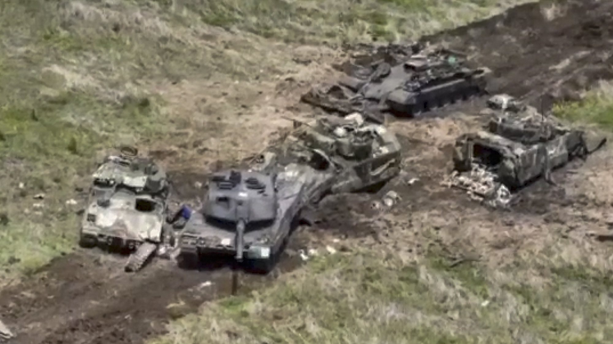 epa10682305 A still image taken from handout video provided 09 June 2023 by the Russian Defence ministry press-service shows Ukrainian tanks and armored military vehicles destroyed during combat in the Zaporizhzhia region, south of Ukraine, Ukraine.  Russian President Vladimir Putin said ‘it can be stated with absolute certainty that this offensive has begun, and this is evidenced by the use of the strategic reserves of the Ukrainian army.’  EPA/RUSSIAN DEFENCE MINISTRY PRESS SERVICE/HANDOUT HANDOUT EDITORIAL USE ONLY/NO SALES HANDOUT EDITORIAL USE ONLY/NO SALES