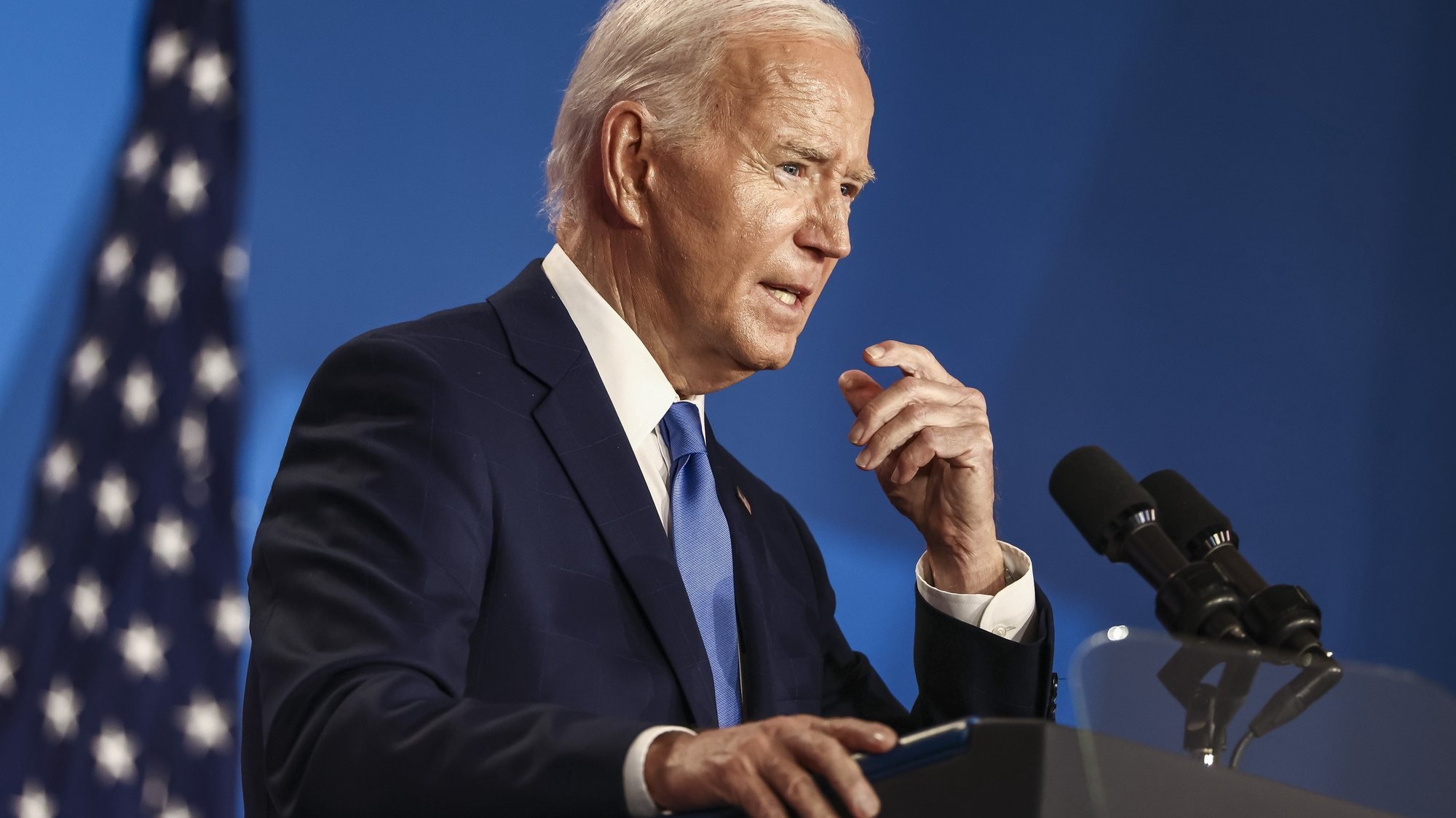 epa11473513 US President Joe Biden speaks during a press conference on the sidelines of the 75th Anniversary of the North Atlantic Treaty Organization (NATO) Summit at the Walter E. Washington Convention Center in Washington, DC, USA, 10 July 2024. President Biden is under increasing pressure from Democrats to step aside as the party’s presidential candidate.  EPA/JIM LO SCALZO