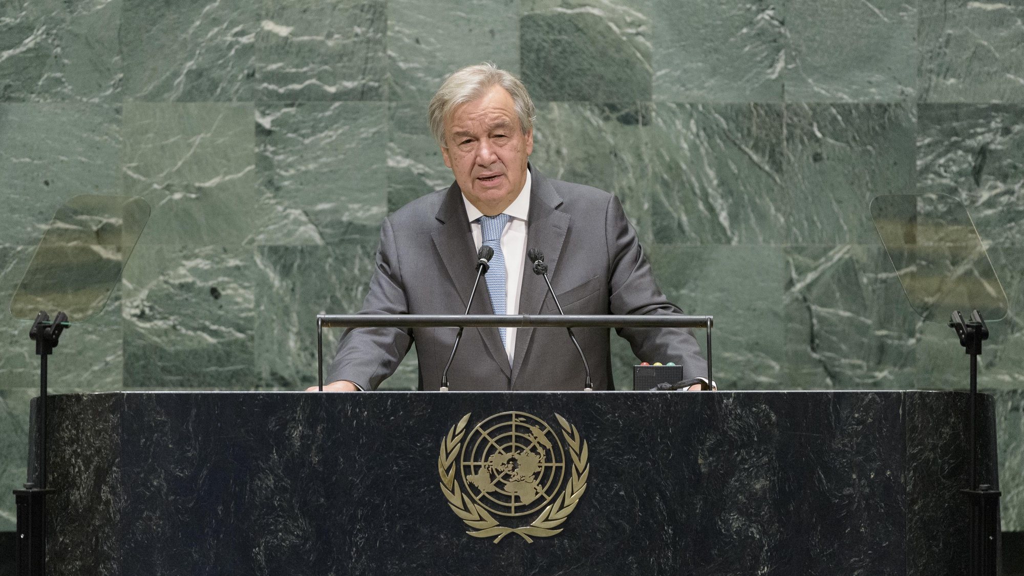 epa08686935 A handout photo made available by UN photo shows Secretary-General of the United Nations, Antonio Guterres, speaking during the 75th General Assembly of the United Nations, in New York, New York, USA, 21 September 2020. Due to the COVID-19 coronavirus pandemic, the 75th General Assembly of the United Nations meetings are held mostly virutal.  EPA/Manuel Elias / UN Photo / HANDOUT  HANDOUT EDITORIAL USE ONLY/NO SALES