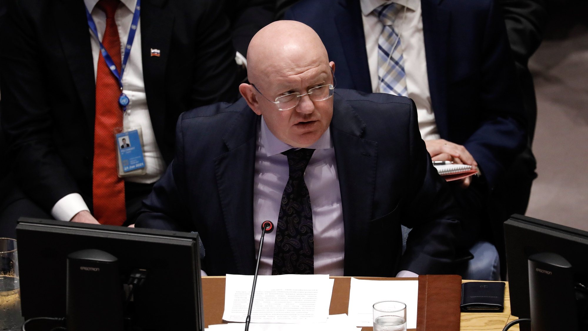 epa07496963 Vasily Nebenzya, Permanent Representative of the Russian Federation to the United Nations speaks at a Security Council meeting on the situation on Venezuela at United Nations headquarters, in New York, New York USA, 10 April 2019. Venezuelan officials said they were ready to receive international aid following a meeting with the Red Cross chief, as the Latin American nation plunged into a new round of blackouts.  EPA/PETER FOLEY