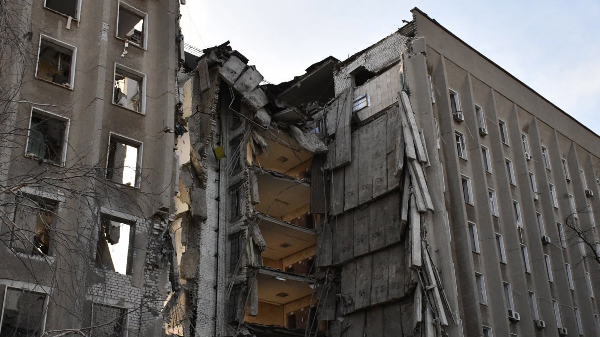 epa09857501 A handout photo released by the press service of the State Emergency Service of Ukraine shows a damaged building of the regional state administration in Mykolaiv, Ukraine, 29 March 2022. Ukrainian emergency services said that a building of the regional state administration in Mykolaiv was hit by shelling on 29 March. At least seven people were killed and some 22 others were injured, the State Emergency Service of Ukraine reported.  EPA/STATE EMERGENCY SERVICE UKRAINE HANDOUT -- BEST QUALITY AVAILABLE -- MANDATORY CREDIT: STATE EMERGENCY SERVICE OF UKRAINE -- HANDOUT EDITORIAL USE ONLY/NO SALES