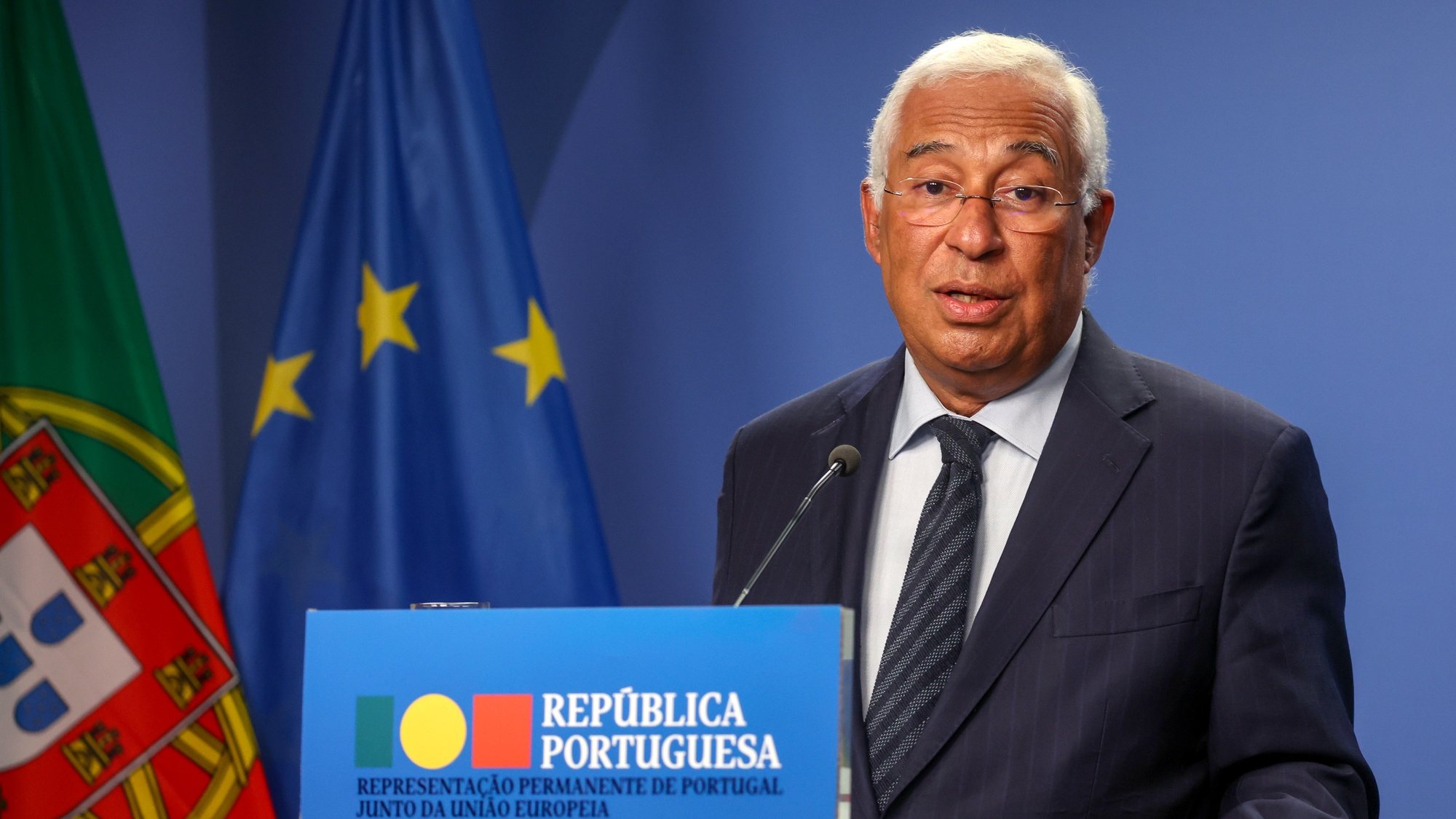 epa10942693 Portugal&#039;s Prime Minister Antonio Costa gives a press conference at the end of the second day of the European Council meeting in Brussels, Belgium, 27 October 2023. In a two-day summit on 26-27 October, EU leaders addressed the situation in the Middle-East and Ukraine, as well as the EU&#039;s long-term budget, migration, and external relations.  EPA/OLIVIER HOSLET