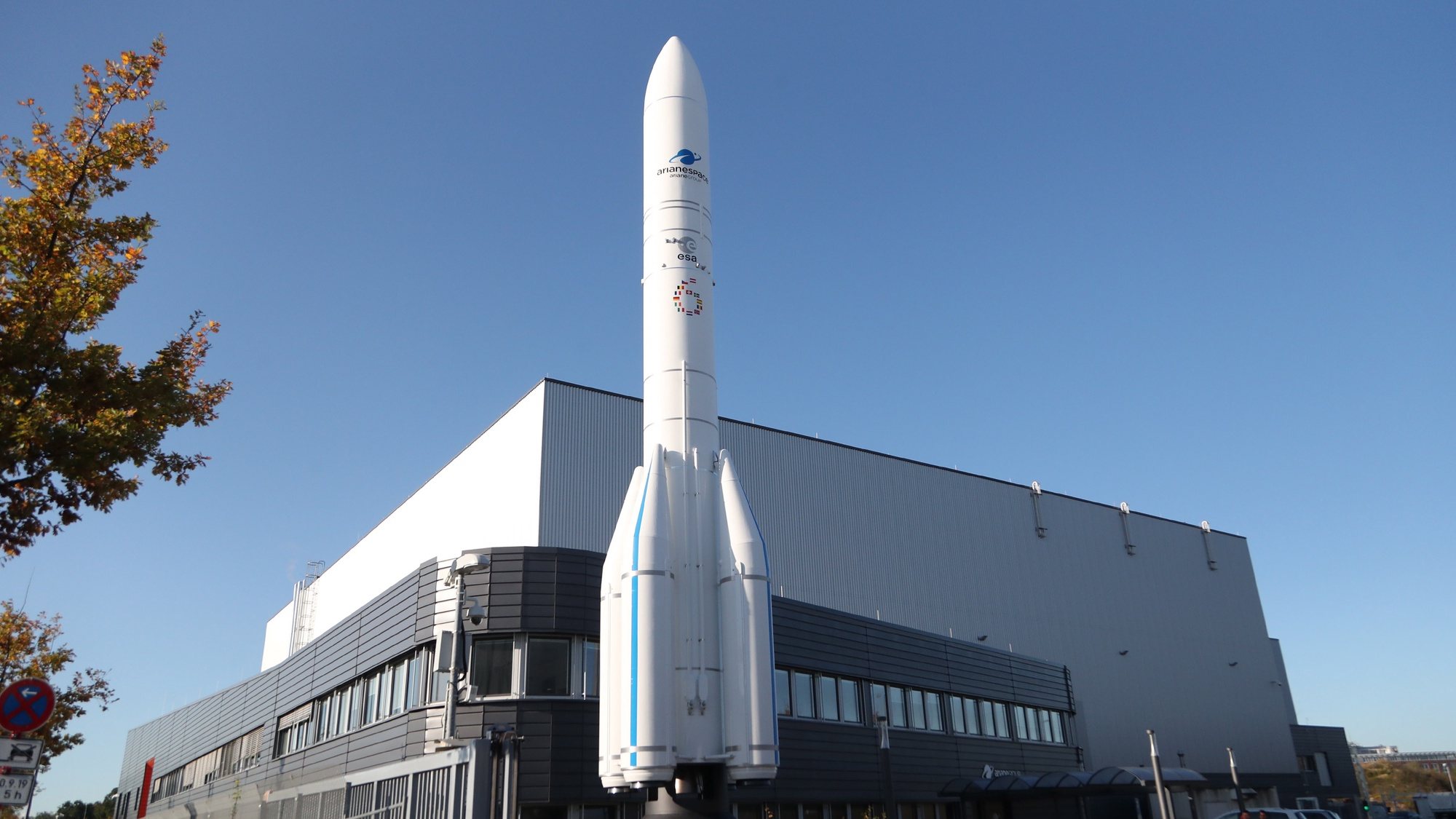 epa07957983 An Ariane 6 scale model in front of the Ariane 6 center of the ArianeGroup in Bremen, northern Germany, 29 October 2019. ArianeGroup builds upper stages and parts of the main stage of the Ariane 6 rocket in its new center in Bremen.  EPA/FOCKE STRANGMANN