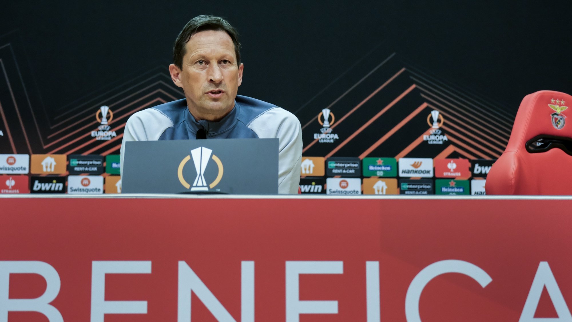 SL Benfica head coach Roger Schmidt attends a press conference at Benfica Campus in Seixal, Portugal, 10 April 2024. SL Benfica will face Olympique Marseille in a UEFA Europa League quartefinal, 1st leg soccer match on 11 April. RUI MINDERICO/LUSA