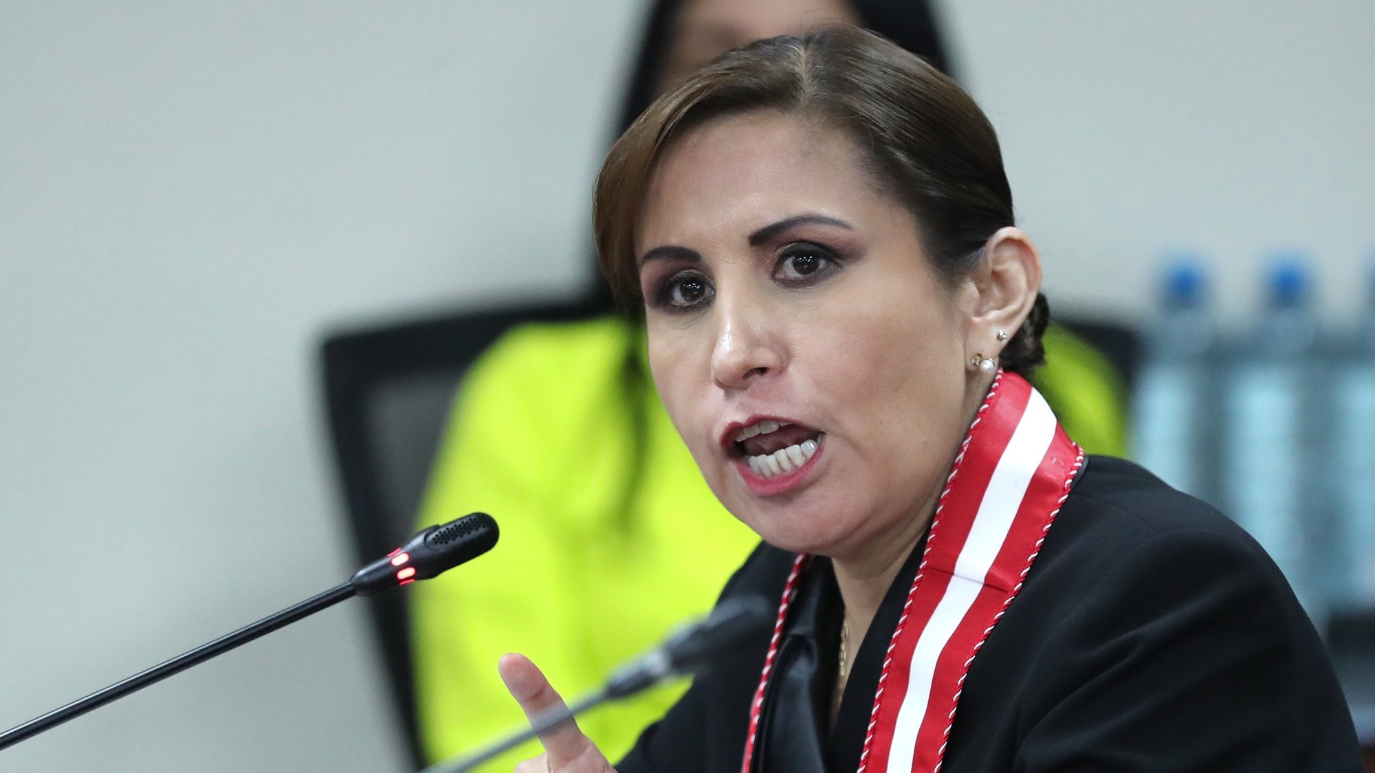 epa11012208 Peruvian general attorney Patricia Benavides speaks during a hearing before the Congress&#039; commission on audit in Lima, Peru, 05 December 2023. Benavides was called for a hearing as part of an investigation related to influence peddling.  EPA/PAOLO AGUILAR