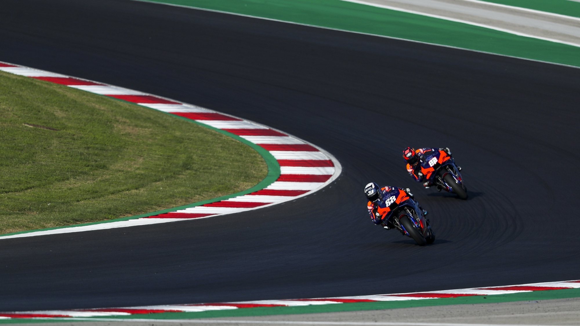 Portuguese rider Miguel Oliveira (L) and Finish rider Mika Kallio of KTM Tech3 Team during the second free training session of the Motorcycling Grand Prix of Portugal at Algarve International race track, south of Portugal, 20 November 2020. The Motorcycling Grand Prix of Portugal will take place on 22 November 2020. JOSE SENA GOULAO/LUSA