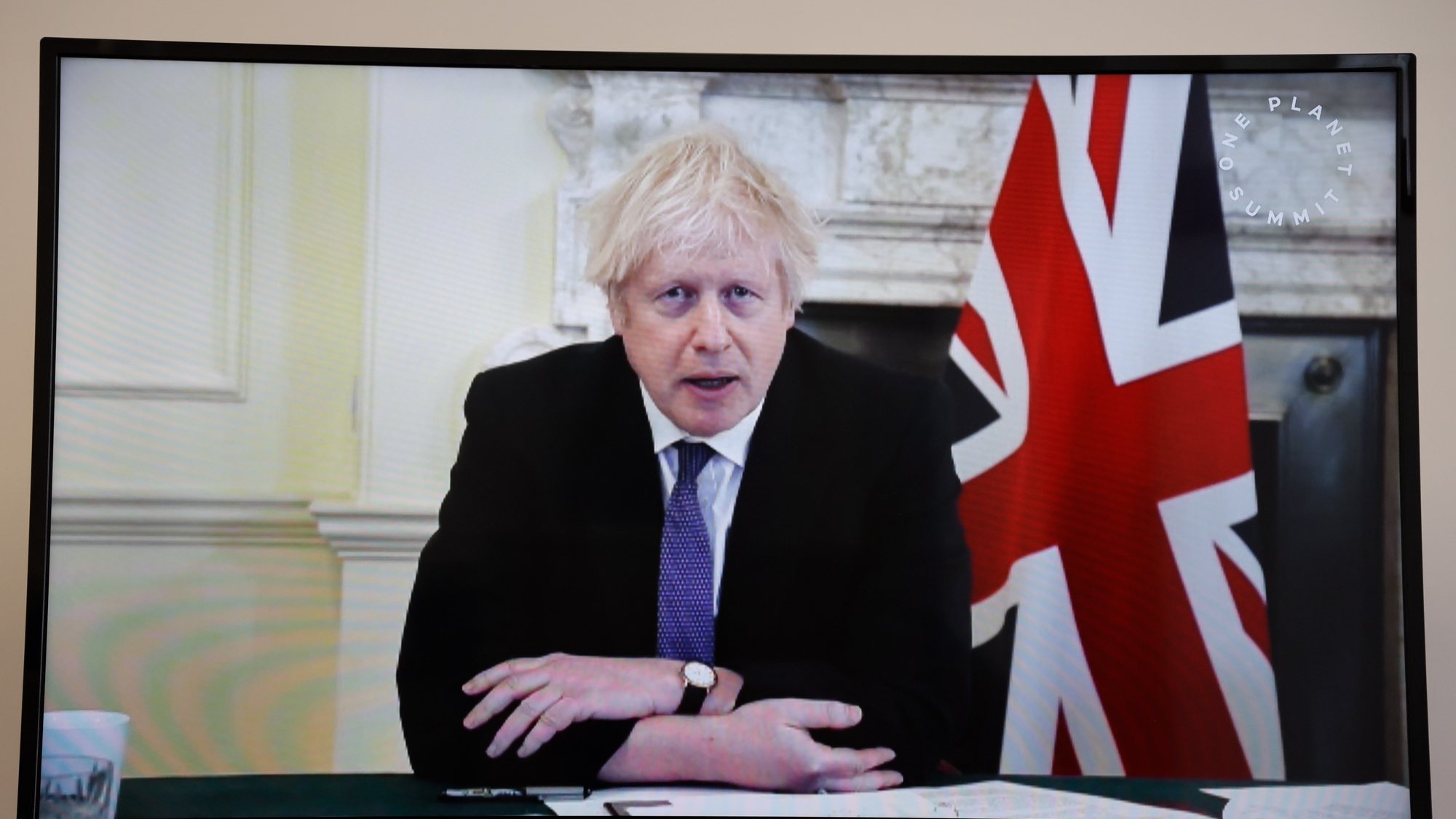 epa08931722 Britain&#039;s Prime Minister Boris Johnson speaks during a video conference at the One Planet Summit, part of World Nature Day, at the Reception Room of the Elysee Palace, in Paris, France, 11 January 2021. The One Planet Summit, a largely virtual event hosted by France in partnership with the United Nations and the World Bank, will include French President, German Chancellor and European Union chief.  EPA/LUDOVIC MARIN / POOL  MAXPPP OUT