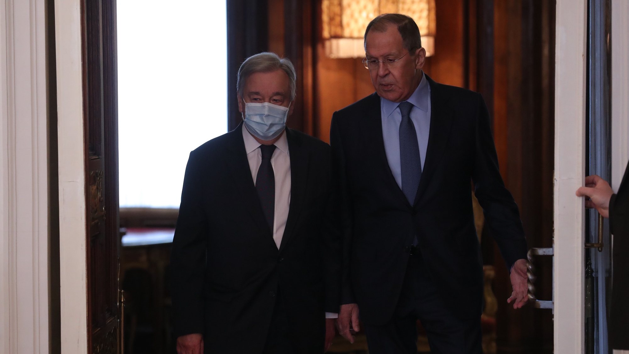 epa09909593 Russian Foreign Minister Sergei Lavrov and UN Secretary-General Antonio Guterres meet in Moscow, Russia, 26 April 2022. UN Secretary-General is on a working visit to Moscow.  EPA/MAXIM SHIPENKOV / POOL