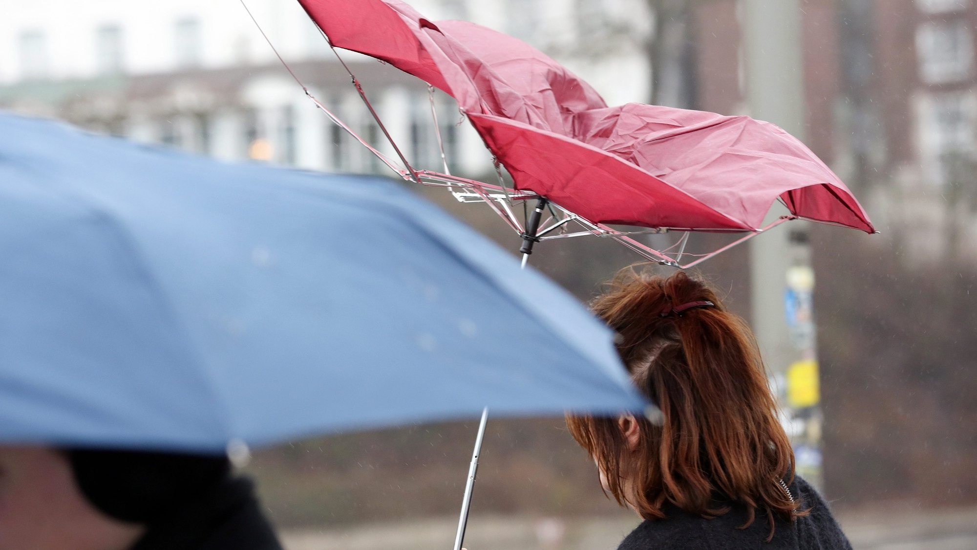 epa04553987 Passers-by protect themselves against rain and storm with umbrellas at the landing stages in Hamburg, Germany, 10 January 2015. The hurricane &#039;Felix&#039; is the second storm to hit Northern Germany within two days.  EPA/BODO MARKS