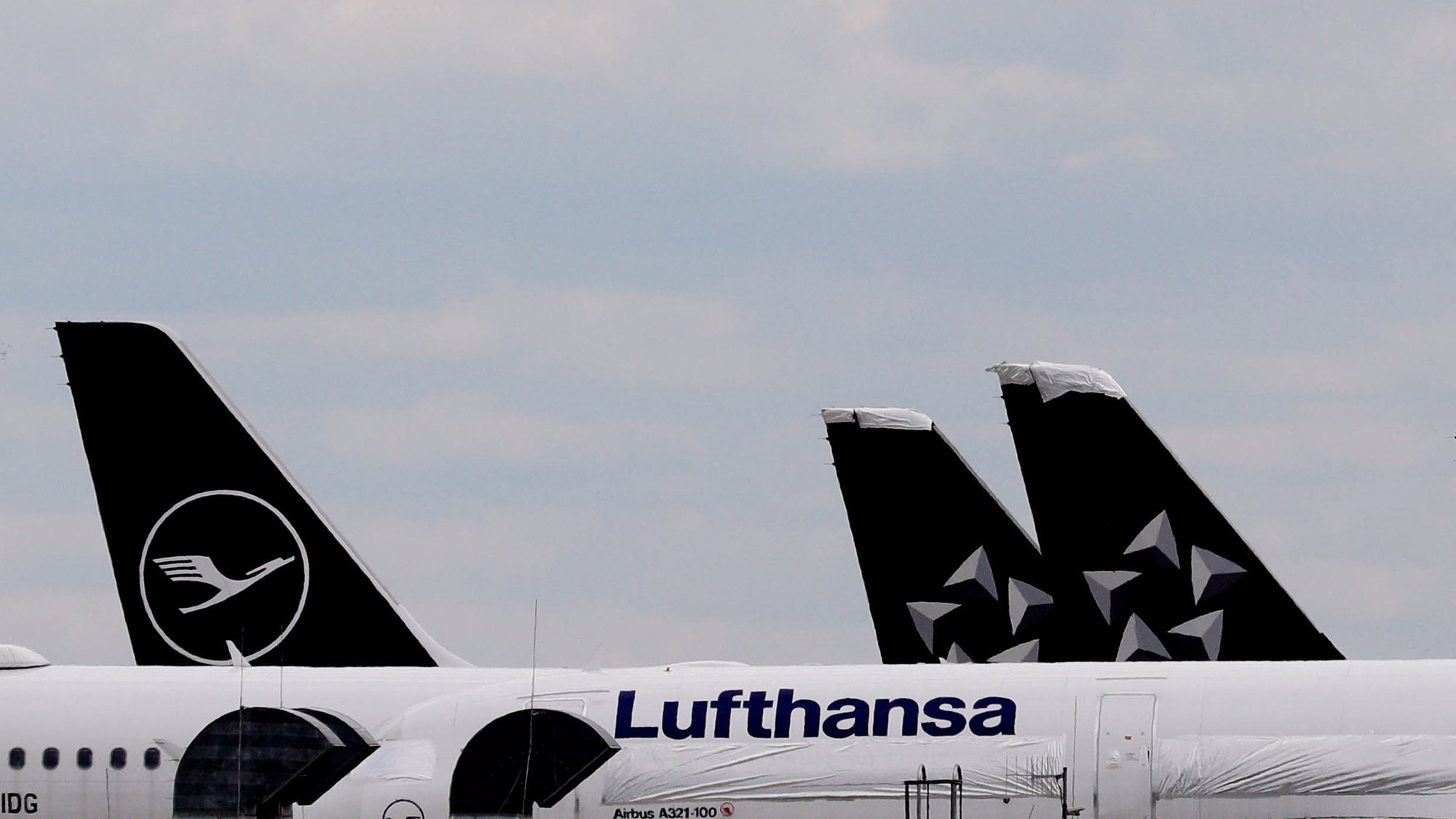 epa09175473 Lufthansa passenger planes are parked at Berlin Brandenburg International Airport in Schoenefeld, Germany, 03 May 2021. Lufthansa AG General Meeting will be held virtually on 04 May 2021.  EPA/FILIP SINGER