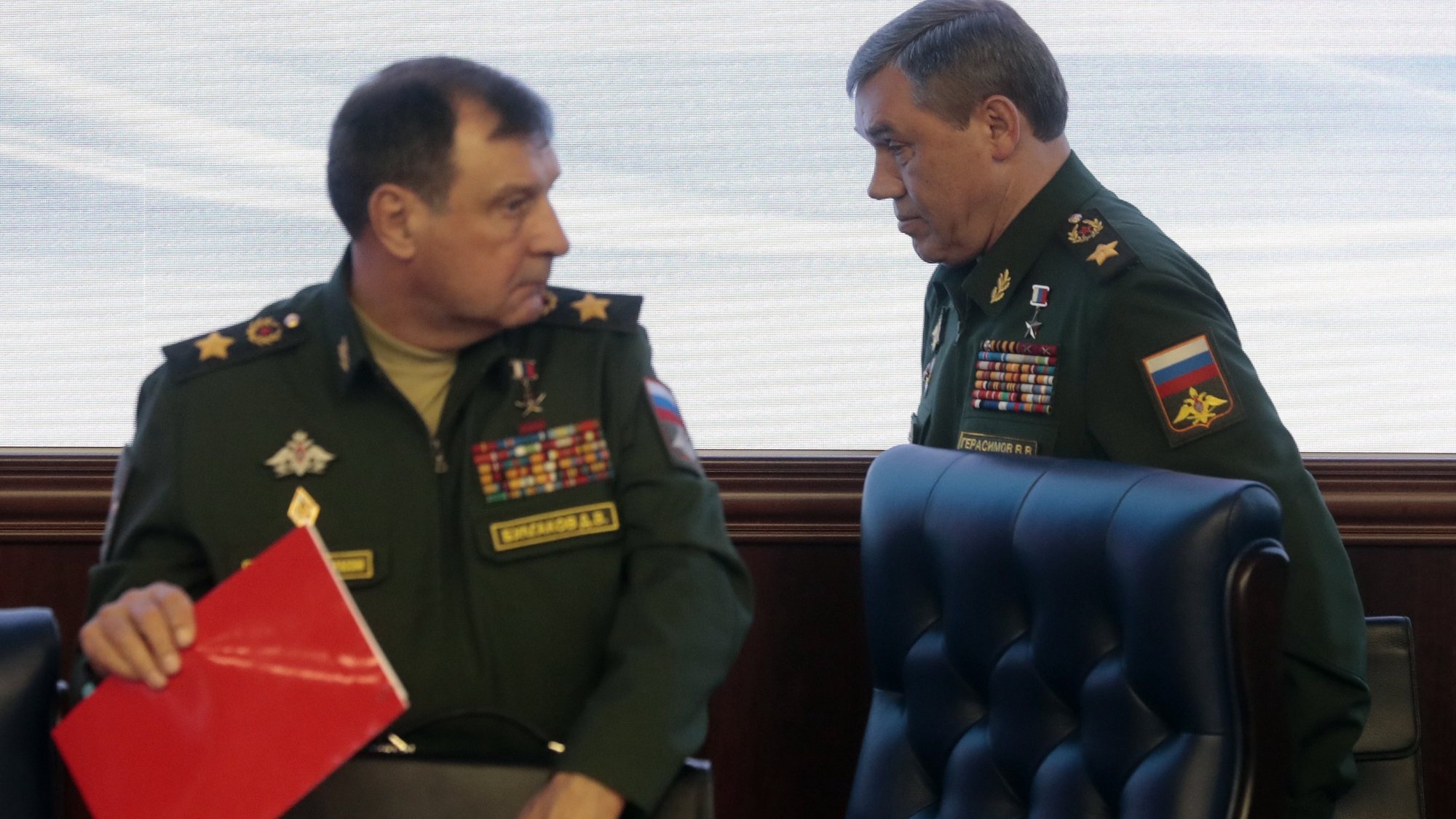 epa07000955 General of Army Valery Gerasimov (R) chief of the General Staff of Russian Army, and Deputy Defense Minister Dmitry Bulgakov (L) leave a meeting with foreign diplomats after informing them about the upcoming Russian biggest ever military maneuvers, Vostok 2018 (East 2018), during a briefing at the Defense Ministry in Moscow, Russia, 06 September 2018. Reports state that the exercises will be the biggest since 1981 military exercises, and will involve forces of two military districts (central and far east) including 297,000 military servicemen, more than 1000 different military aircrafts, up to 36,000 tanks, APCes, and other vehicles, plus 80 warships. Forces from China and Mongolia will take part in the exercises. Vostok 2018 and will run from 11 to 17 September in the Russian Far East.  EPA/SERGEI CHIRIKOV
