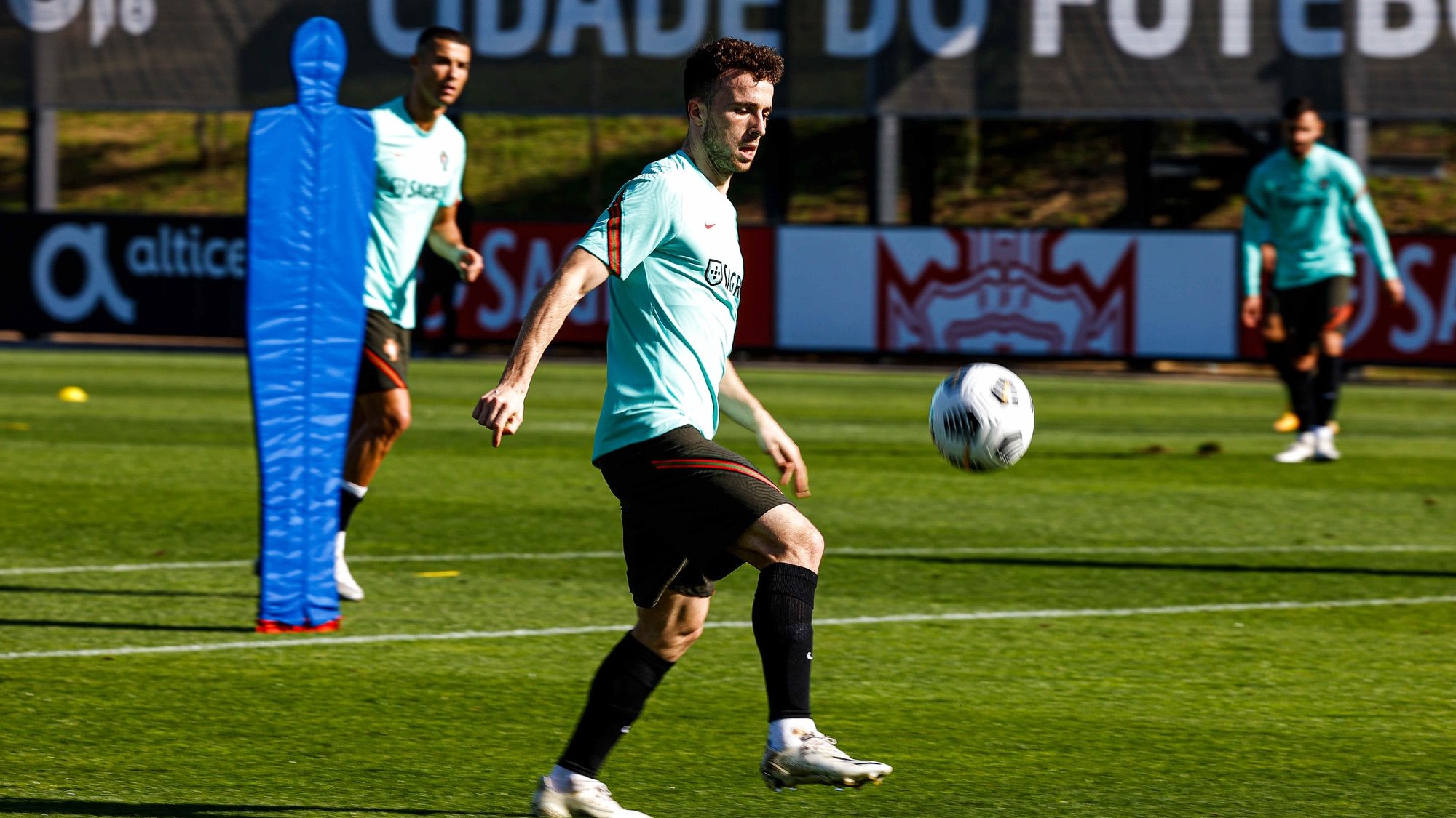 Portuguese Soccer Federation (FPF) handout picture of the Portuguese national soccer team player, Raphael Guerreiro, during a training session for the upcoming match with Andorra to be played tomorrow, Oeiras, Portugal, 10 November 2020.  DIOGO PINTO/FPF/LUSA