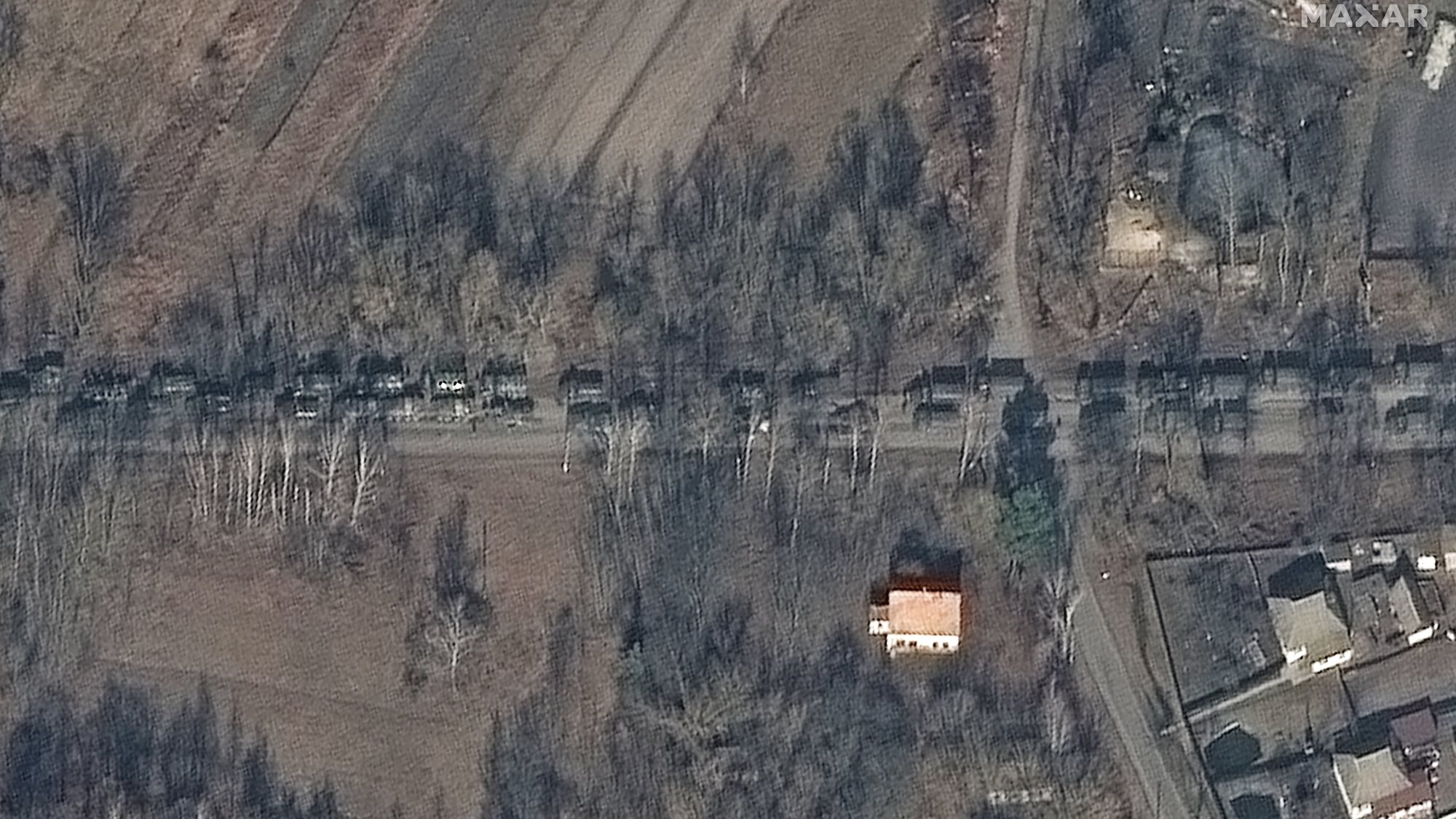 epa09789916 A handout satellite image made available by Maxar Technologies shows Russian ground forces in convoy near of Ivankiv, Ukraine, 27 February 2022. Russian troops entered Ukraine on 24 February prompting the country&#039;s president to declare martial law and triggering a series of announcements by Western countries to impose severe economic sanctions on Russia.  EPA/MAXAR TECHNOLOGIES HANDOUT -- MANDATORY CREDIT: SATELLITE IMAGE 2022 MAXAR TECHNOLOGIES -- THE WATERMARK MAY NOT BE REMOVED/CROPPED -- HANDOUT EDITORIAL USE ONLY/NO SALES