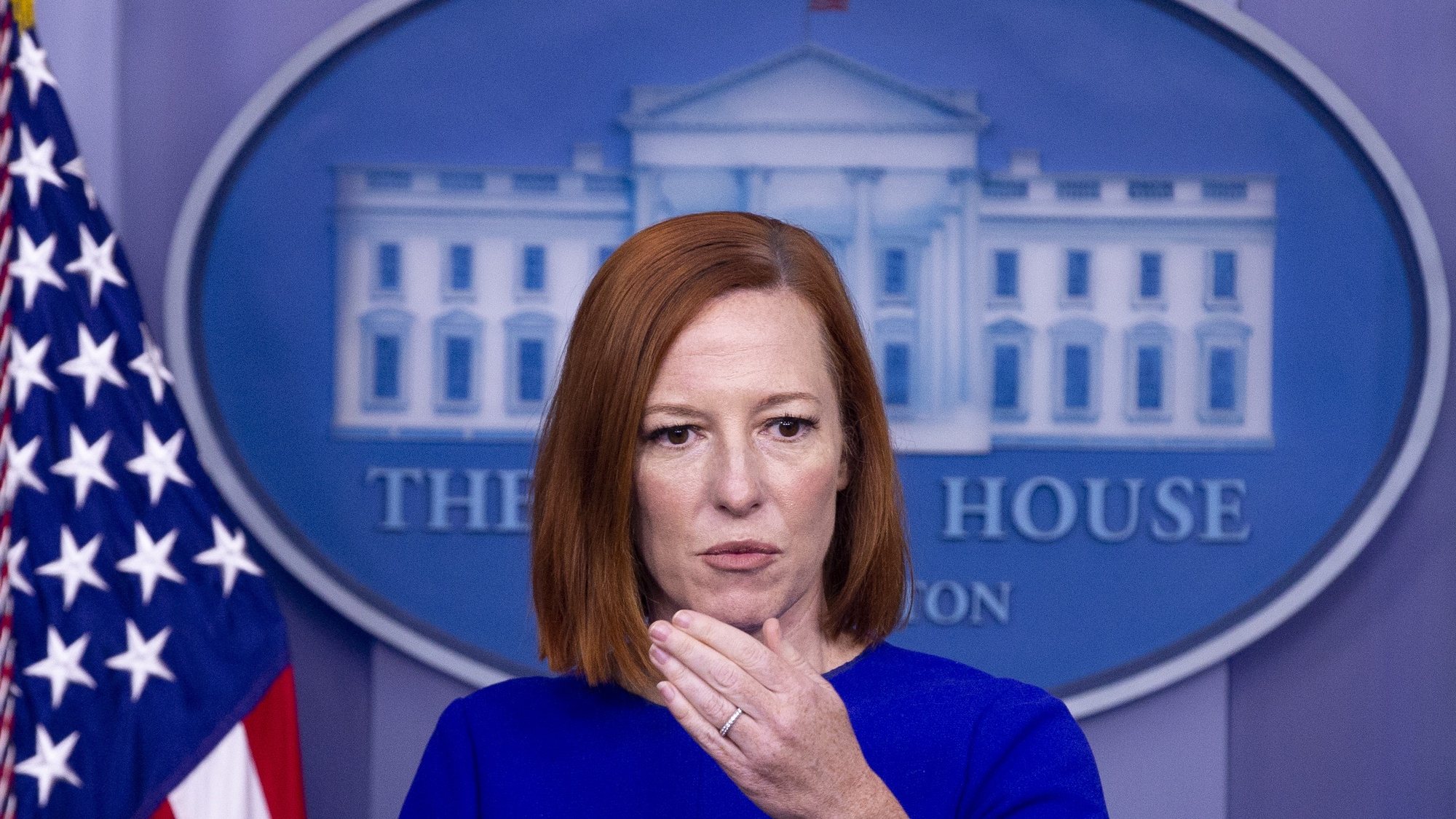 epa09627965 White House Press Secretary Jen Psaki participates in a news conference during which she took questions on US President Joe Biden&#039;s two-hour video call with President of Russia Vladimir Putin, in the James Brady Press Briefing Room of the White House, in Washington, DC, USA, 07 December 2021. Biden held the video call with Putin to discuss Russia&#039;s military build-up on Ukraine&#039;s borders. Following the video call, Biden convened a call with several close European allies to discuss the situation in Ukraine.  EPA/MICHAEL REYNOLDS / POOL