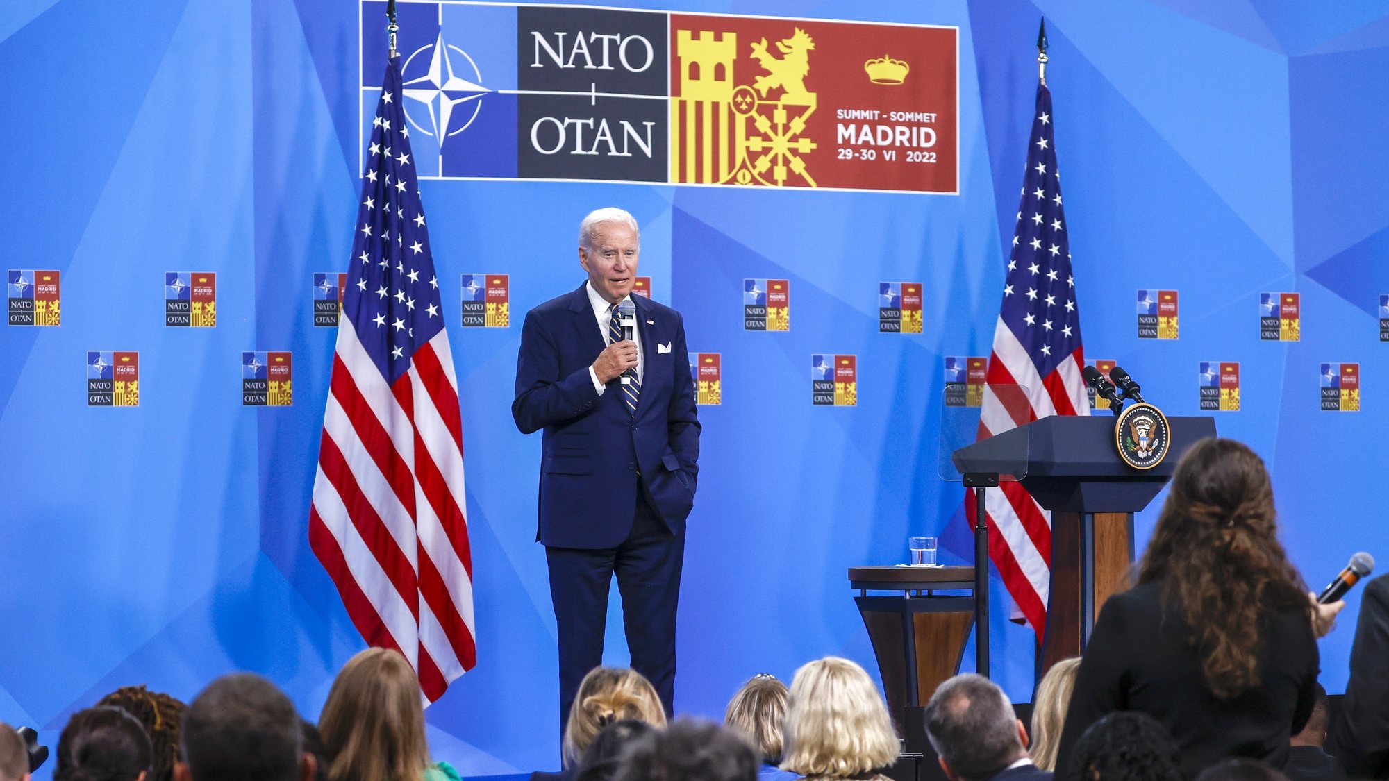 epa10043602 US President Joe Biden addresses a press conference on the last day of the NATO Summit at the IFEMA Convention Center, in Madrid, Spain, 30 June 2022. Heads of State and Government from NATO&#039;s member countries and key partners were gathering in Madrid to discuss important issues facing the Alliance and endorse NATO&#039;s new Strategic Concept, the Organization said. Spain hosted the 2022 NATO Summit coinciding with the 40th anniversary of its accession to the North Atlantic Treaty Organization (NATO).  EPA/JUAN CARLOS HIDALGO