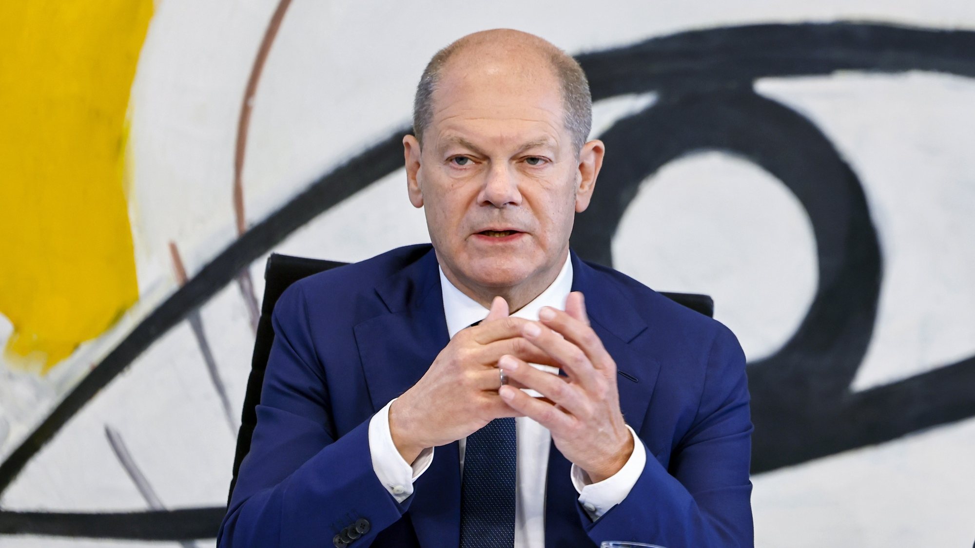 epa10158821 German Chancellor Olaf Scholz attends a news conference on the results of the Coalition Committee, announcing a new package of relief measures to counter rising energy prices, at the Chancellery in Berlin, Germany, 04 September 2022.  EPA/HANNIBAL HANSCHKE