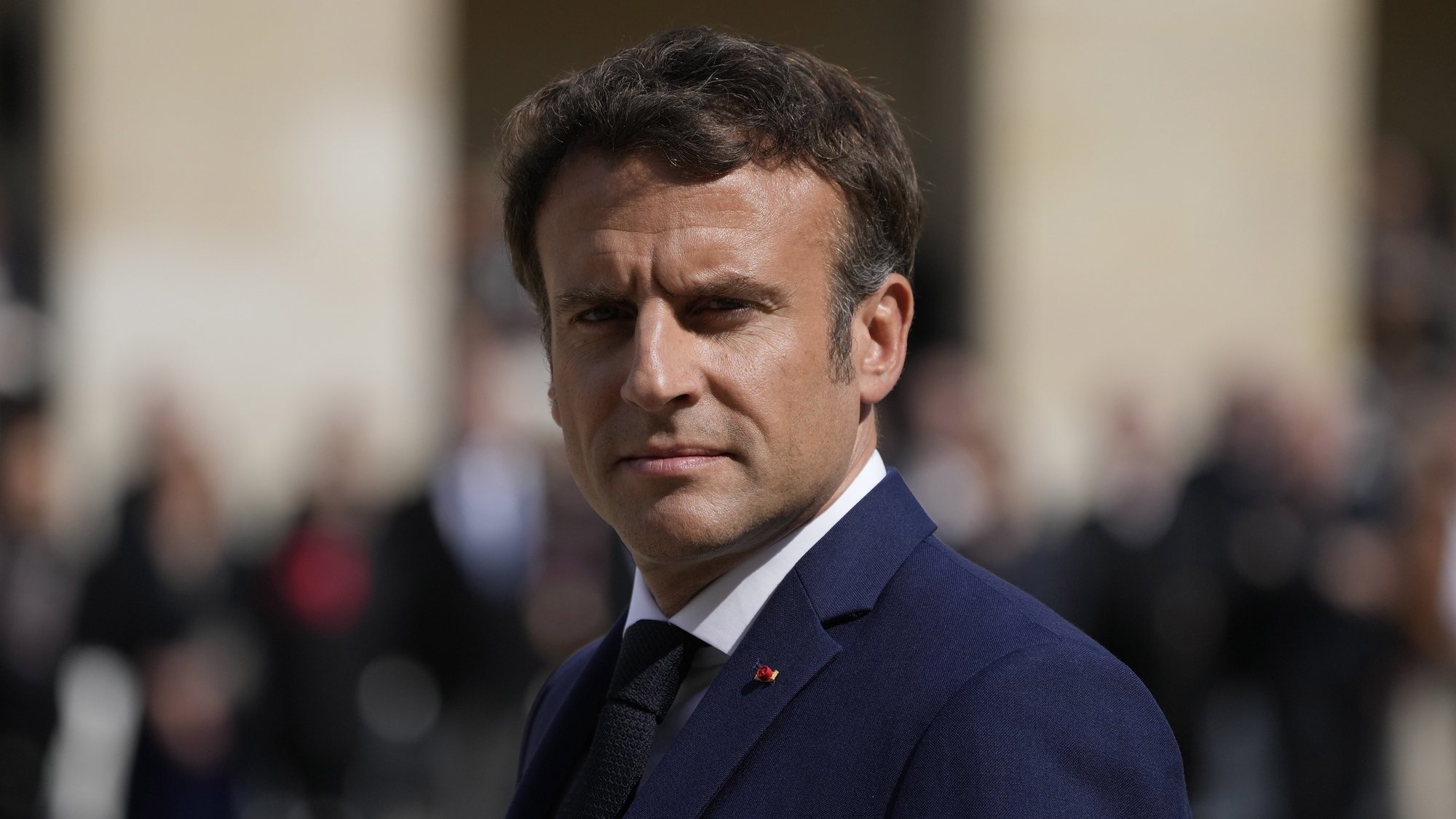 epa09912293 French President Emmanuel Macron attends a national homage to late French actor Michel Bouquet at Les Invalides monument in Paris, France, 27 April 2022. French stage and film actor Michel Bouquet died on 13 April aged 96.  EPA/Francois Mori / POOL MAXPPP OUT