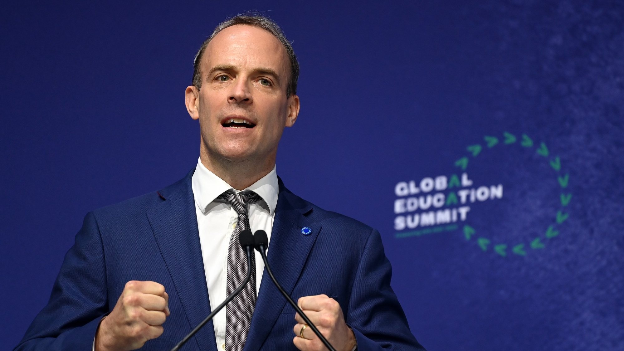 epa09376246 British Foreign Secretary Dominic Raab speaks at the Global Education Summit in London, Britain, 29 July 2021. The UK and Kenya are hosting the Education Summit in London where leaders from world governments have come together to make pledges to support work to help transform education systems in up to 90 countries and territories.  EPA/ANDY RAIN / POOL POOL