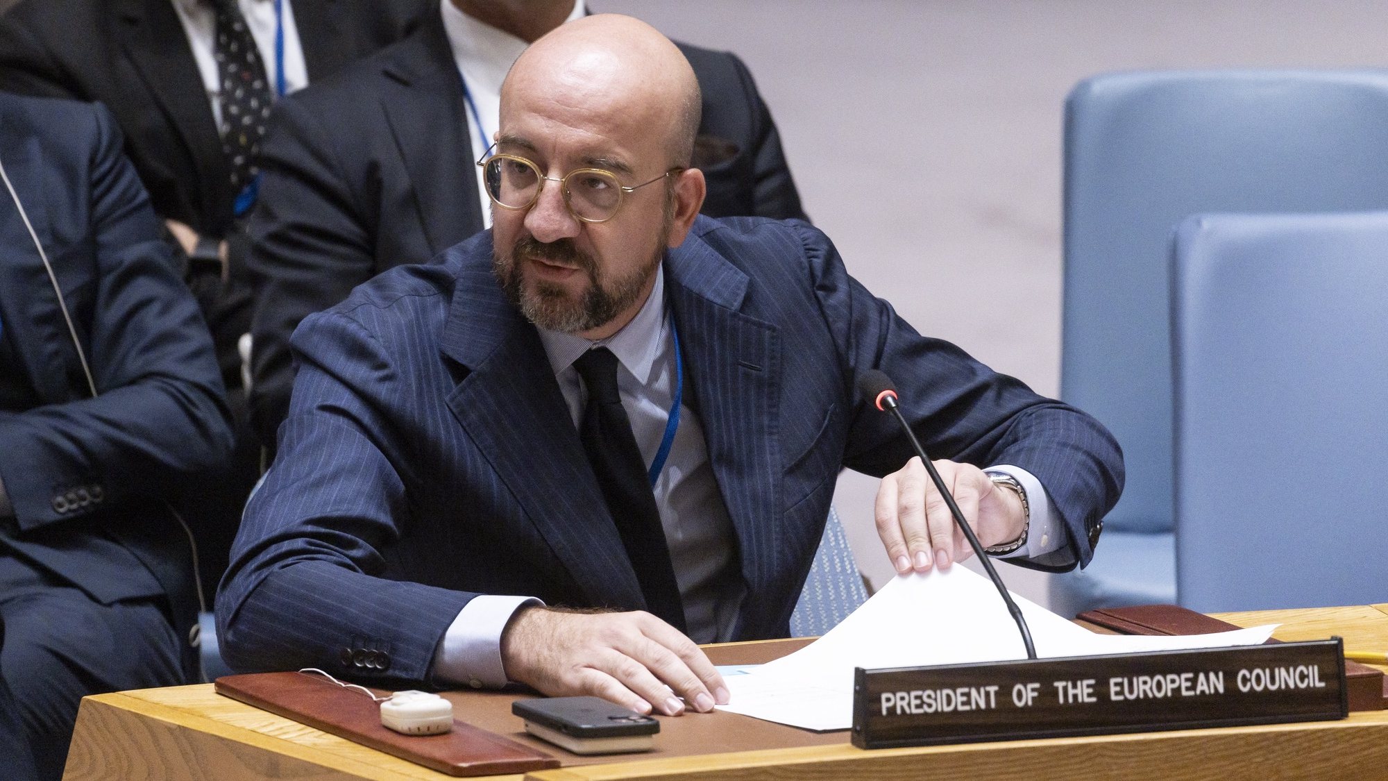 epa10873178 President of the European Council Charles Michel speaks during an United Nations Security Council meeting about the war between Ukraine and Russia on the sidelines of the 78th session of the United Nations General Assembly at United Nations Headquarters in New York, New York, USA, 20 September 2023.  EPA/JUSTIN LANE