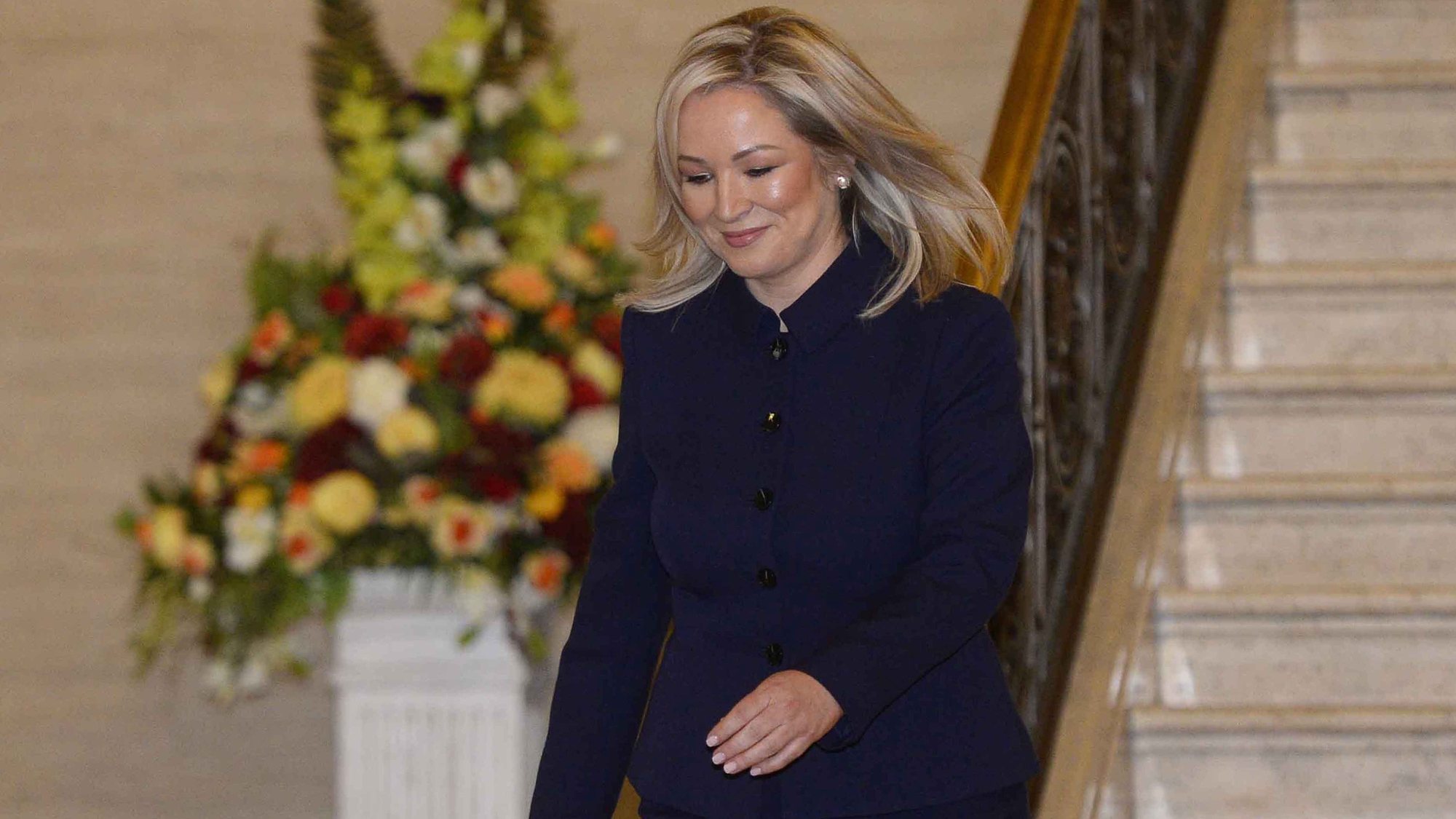 epa11123307 Sinn Fein leader Michelle O&#039;Neill walks at the Stormont Buildings ahead of a special sitting of the Assembly in Belfast, Northern Ireland, Britain, 03 February 2024. The Stormont Assembly is being restored after a two year hiatus caused by the Democratic Unionist Party (DUP) who paused business at the Assembly in protest at post-Brexit trading arrangements. Sinn Fein&#039;s Michelle O’Neill is due to make history as the first nationalist First Minister.  EPA/MARK MARLOW