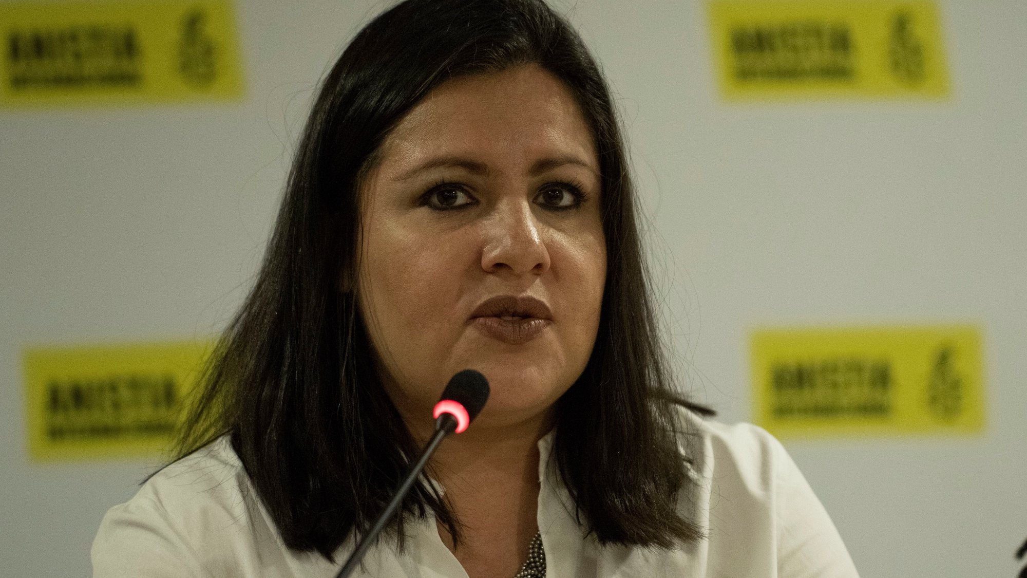 epa07589502 The director of Amnesty International for America, Erika Guevara Rosas, speaks during a press briefing in Brasilia, Brazil, 21 May 2019. Amnesty International issued a letter with a critic of the &#039;toxic rhetoric&#039; of Brazilian President Jair Bolsonaro, related with human rights.  EPA/JOEDSON ALVES