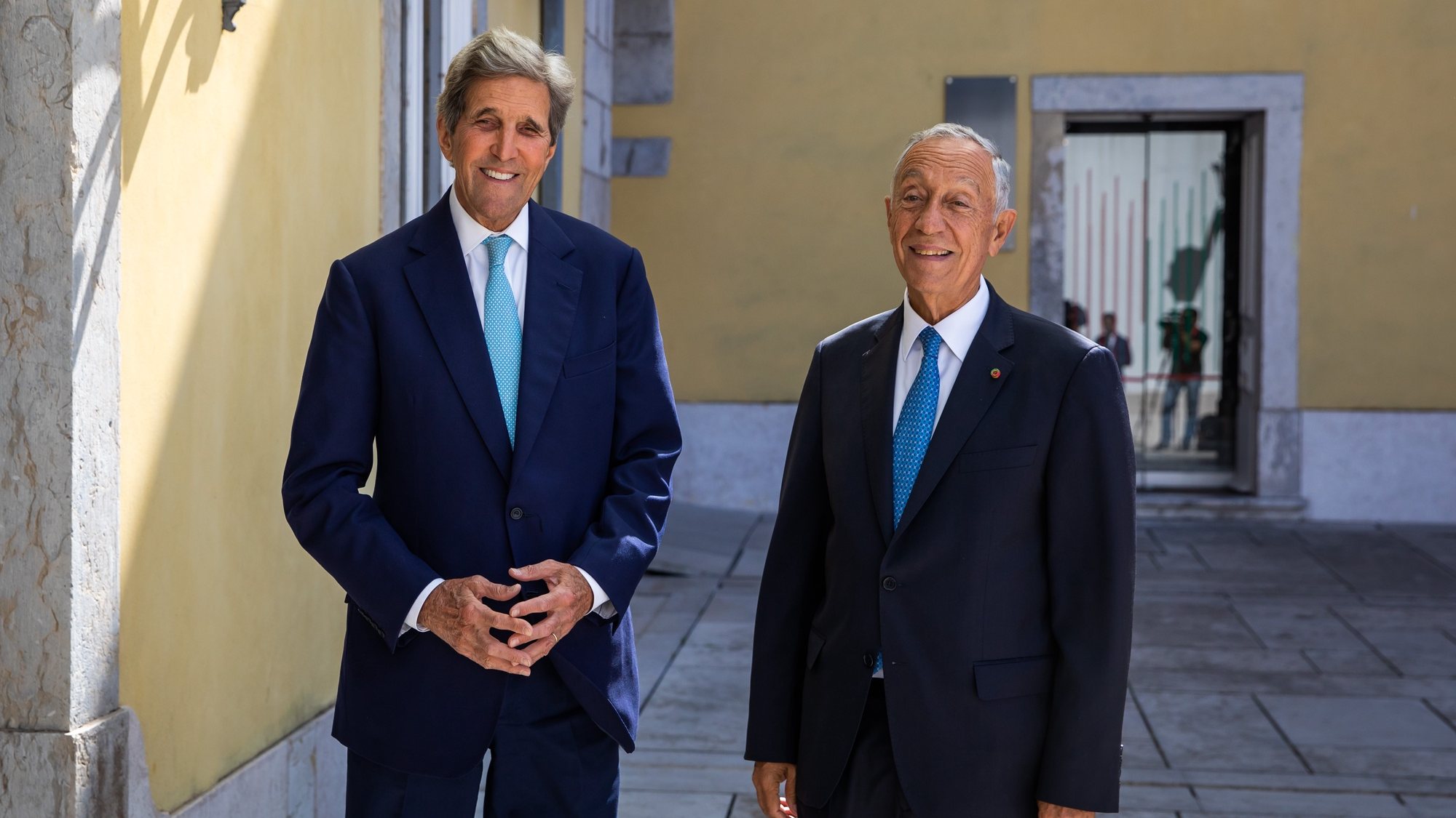 United States special envoy to the United Nations Ocean Conference in Lisbon, John Kerry (L), speaks with the Portuguese President, Marcelo Rebelo de Sousa, on his arrival to attend the State Council meeting, at Cidadela de Cascais, in Cascais, 28 June 2022. JOSE SENA GOULAO/LUSA