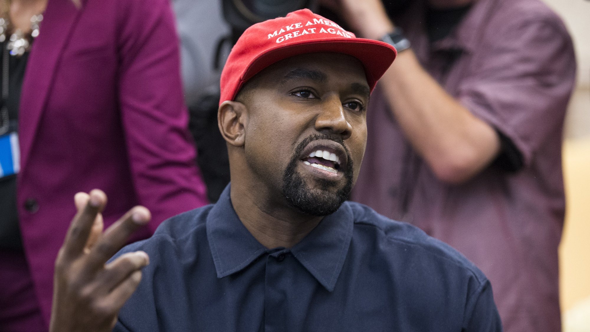 epa08528940 (FILE) - US entertainer Kanye West speaks during a meeting with US President Donald J. Trump in the Oval Office of the White House in Washington, DC, USA, 11 October 2018 (reissued 05 July 2020). West announced on twitter that he was &#039;running for president of the United States&#039;. The US will hold presidential elections on November 3, 2020.  EPA/MICHAEL REYNOLDS *** Local Caption *** 54693752