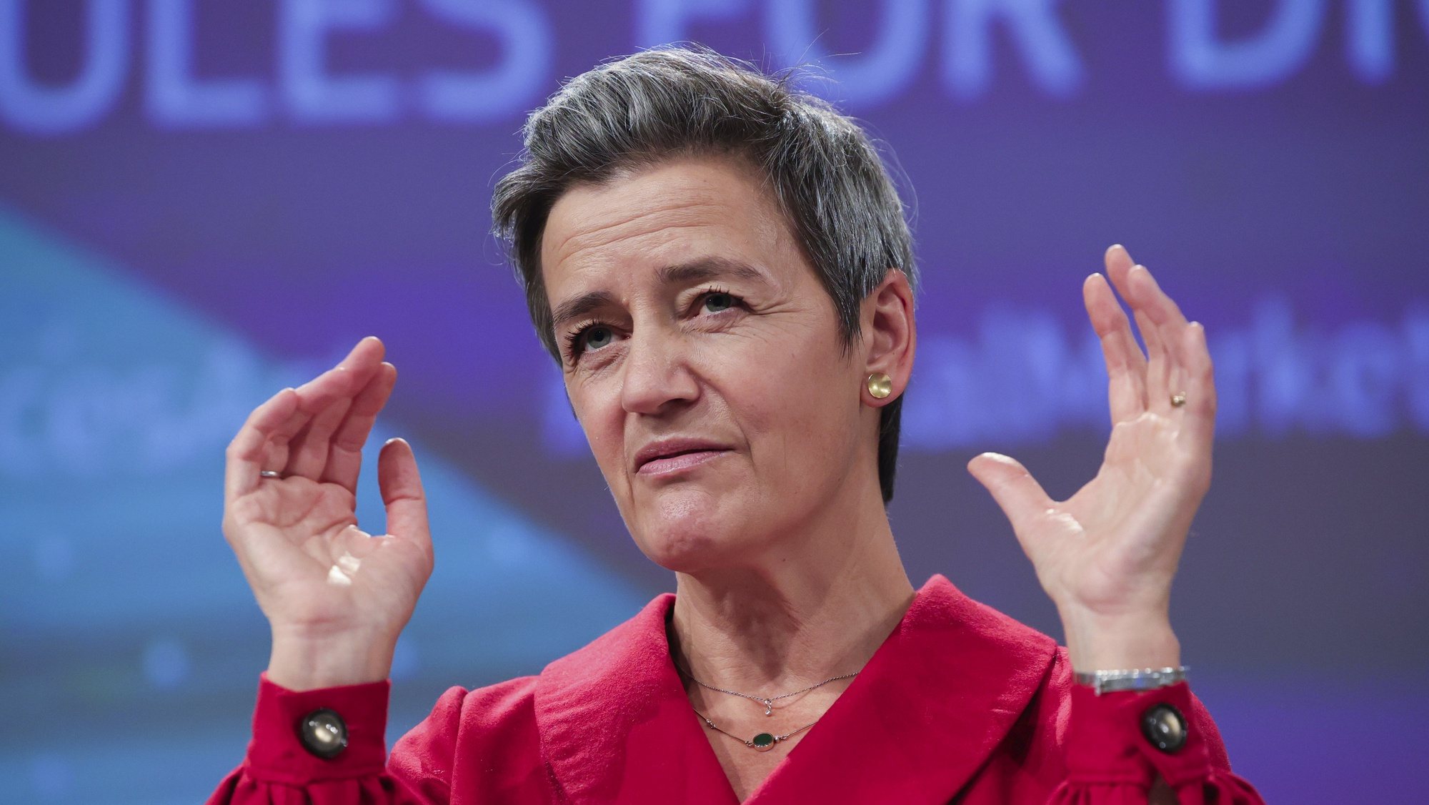 epa08885505 European Commissioner for Europe fit for the Digital Age Margrethe Vestager during a news conference on the Digital Services Act and the Digital Markets Act at the European Commission headquarters in Brussels, 15 December 2020.  EPA/Olivier Matthys / POOL