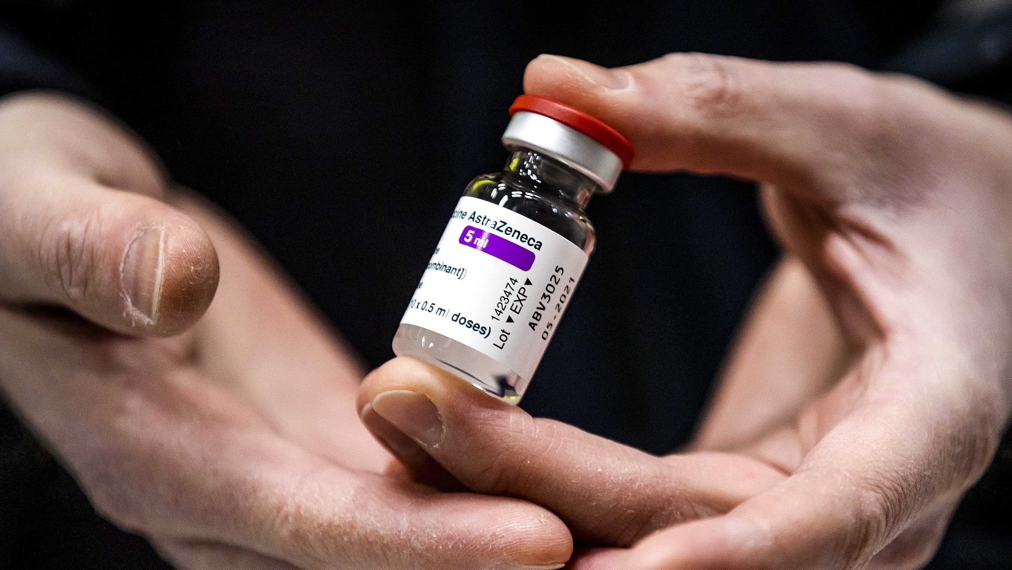 epa09074882 (FILE) - A vial of AstraZeneca&#039;s Covid-19 vaccine stored in Movianto in Oss, The Netherlands, 12 February 2021 (reissued 14 March 2021). The Dutch health ministry on 14 March 2021 said it was suspending the AstraZeneca vaccine rollout, just days after pressing ahead with its use.  EPA/Sem van der Wal
