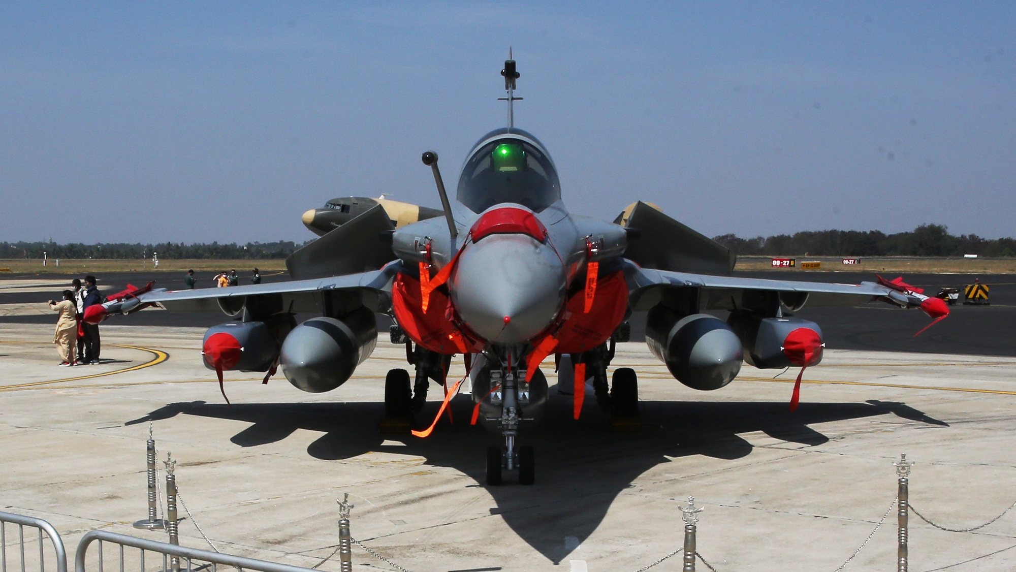 epa08986954 A Dassault Aviation &#039;Rafale&#039; fighter jet of the Indian Air Force is on display during the Aero India 2021 at the Yelahanka Air Force base in Bangalore, India, 04 February 2021. More than 500 international defense and aerospace companies have confirmed their participation in the 13th edition of the Aero India event that showcases warfare equipment including new fighterplanes, next-generation submarines, warships, helicopters, missiles, howitzers, air defense systems, assault weapons and all kind of military gear from 03 to 05 February 2021.  EPA/JAGADEESH NV