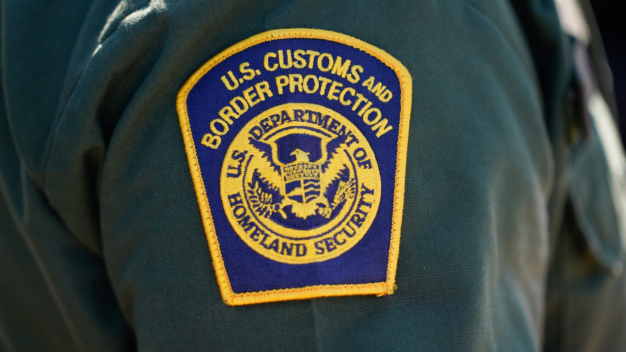 epa09301353 Badge of an El Paso area patrol officer during US Vice President Kamala Harris&#039;s visit to the El Paso Border Patrol Station in El Paso, Texas, USA, 25 June 2021.  EPA/YURI GRIPAS / POOL