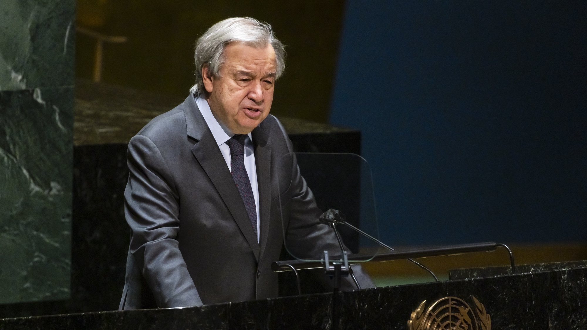 epa09792086 United Nations Secretary-General Antonio Guterres addresses an emergency session of the United Nations General Assembly called to consider a resolution condemning Russia&#039;s invasion of Ukraine at United Nations headquarters in New York, New York, USA, 28 February 2022. The UN Security Council voted on a similar resolution on 25 February but the measure was vetoed by Russia which wields that power as one of five permanent members of the council.  EPA/JUSTIN LANE