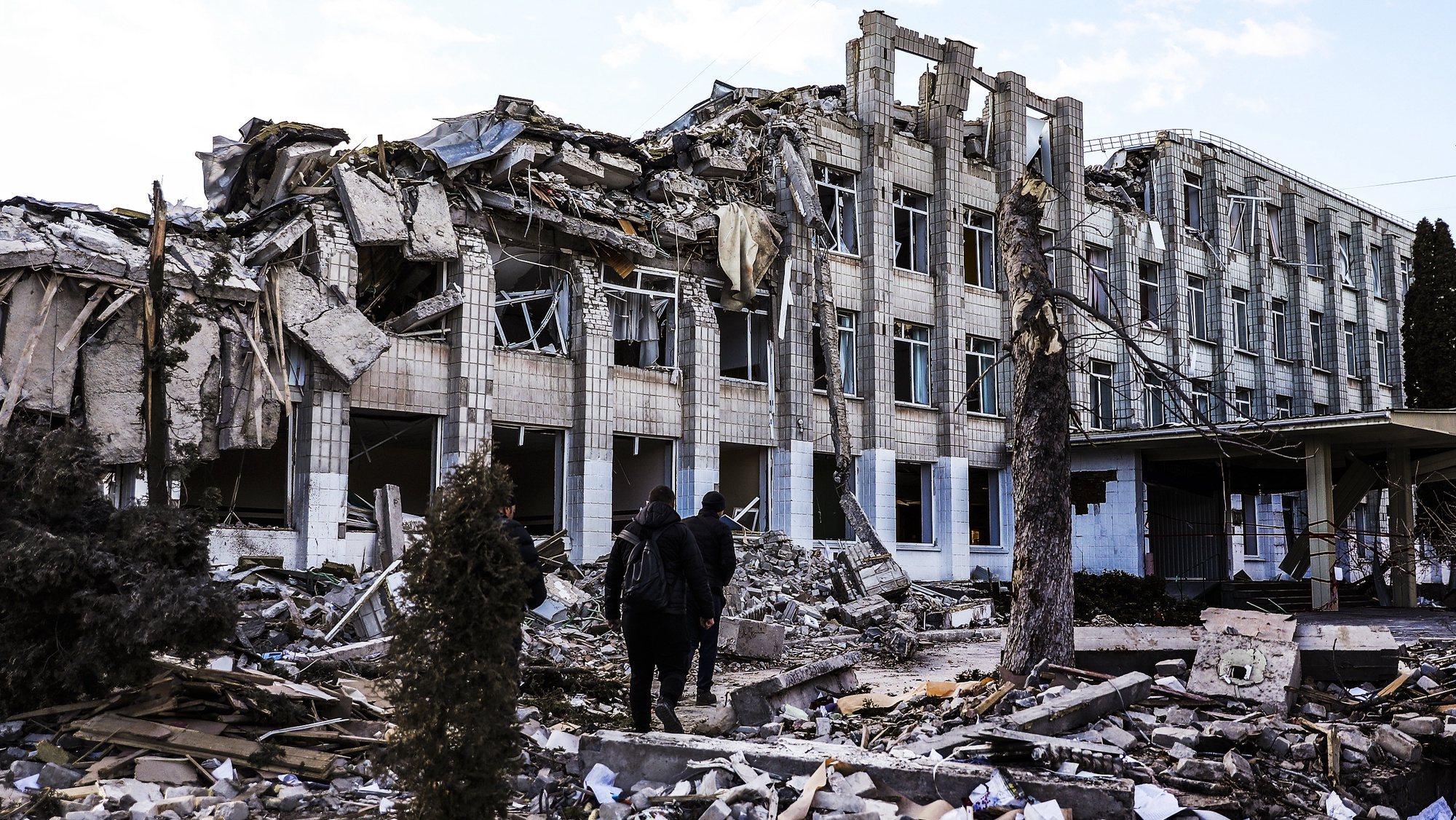 The main building of school number 25 in Zhytomyr, Ukraine destroyed after being bombed, March 11, 2022. Russian troops entered Ukraine on 24 February prompting the country&#039;s president to declare martial law and triggering a series of announcements by Western countries to impose severe economic sanctions on Russia.  MIGUEL A. LOPES/LUSA