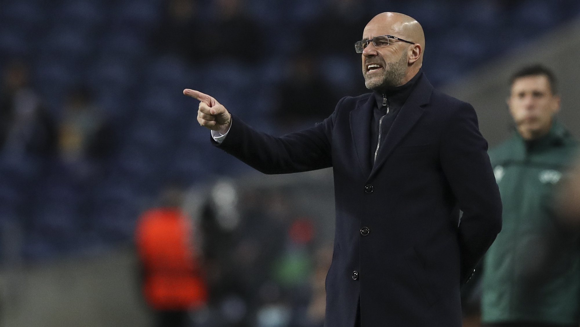 Olympique Lyon head coach Peter Bosz reacts during their UEFA Europa League round of 16 first leg soccer match with FC Porto held on Dragao stadium, Porto, Portugal, 9th March 2022. JOSE COELHO/LUSA
