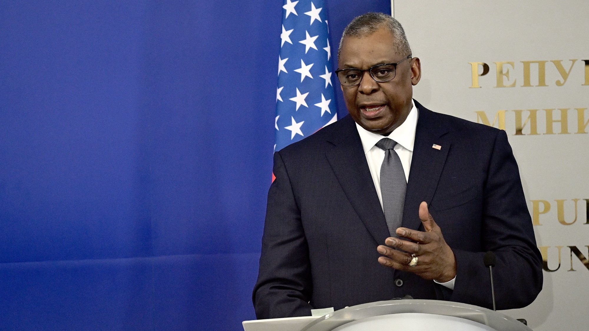 epa09835203 US Defense Secretary Lloyd Austin attends a press conference during his visit in Sofia, Bulgaria, 19 March 2022. US Secretary Lloyd is on a two-day visit to Sofia.  EPA/VASSIL DONEV