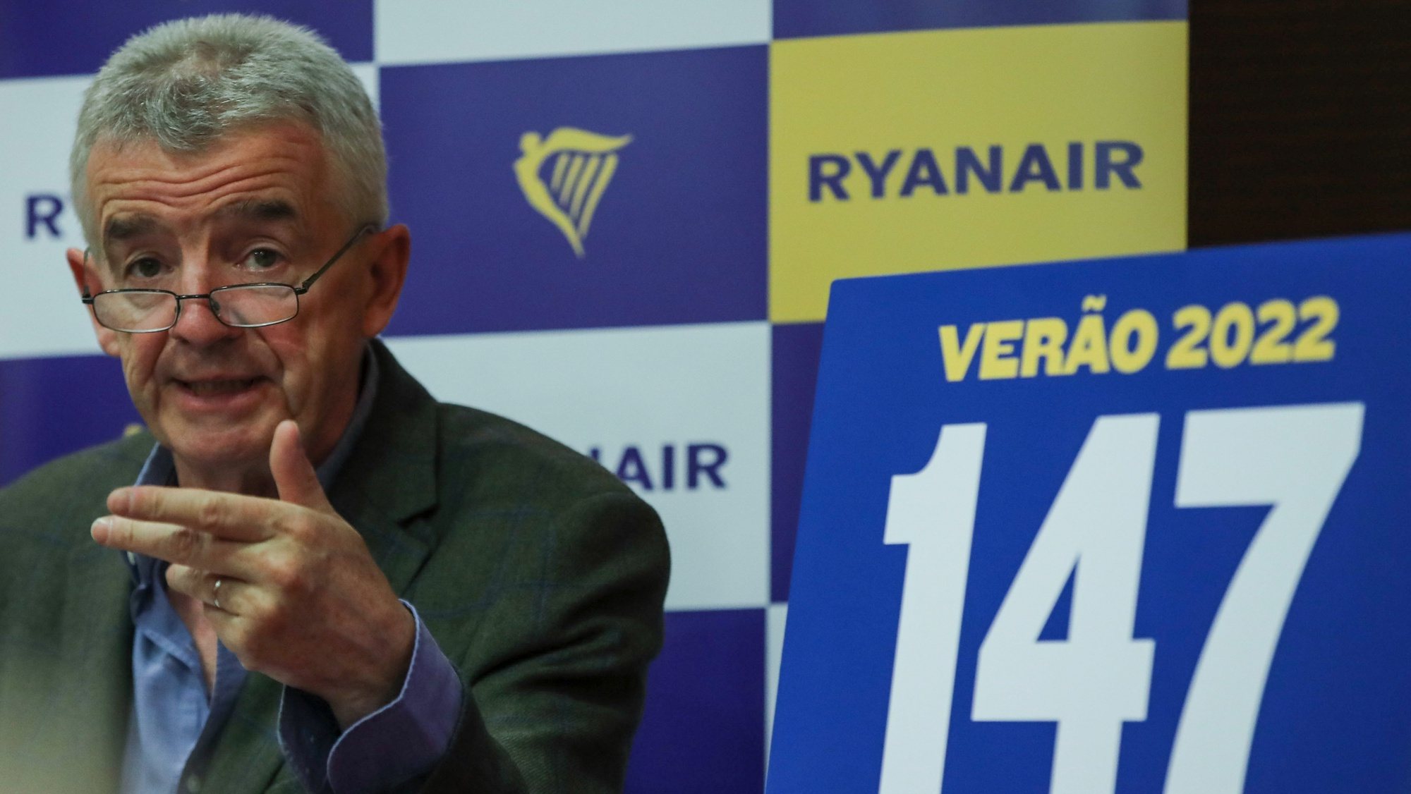 O CEO da Ryanair, Michael O&#039;Leary, durante conferência de imprensa realizada num hotel em Lisboa, 25 de maio de 2022. MANUEL DE ALMEIDA/LUSA