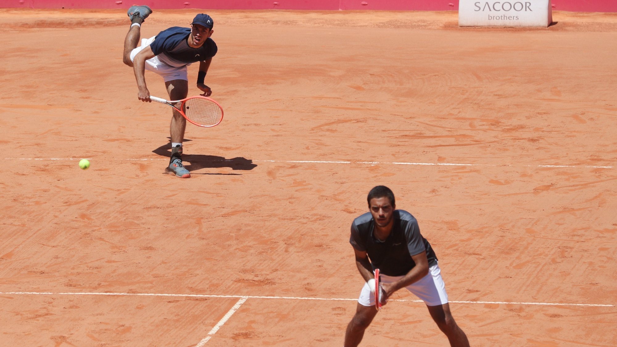 The pair of Portuguese tennis players Nuno Borges (L) and Francisco Cabral in action during the doubles final of the 2022 Estoril Open tournament against the pair composed by Maximo Gonzalez and Andre Goranssonin, Estoril, near Lisbon, Portugal, 1st May 2022. TIAGO PETINGA/LUSA