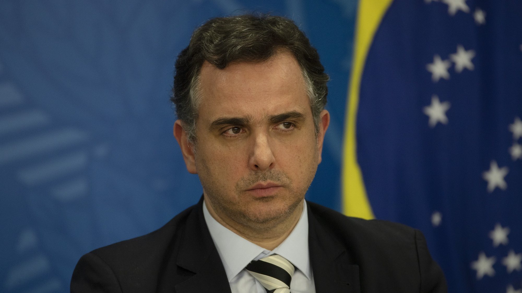 epa09999791 The President of the Brazilian Senate, Rodrigo Pacheco, takes part in a press conference on policies to control fuel prices, at the Planalto Palace in Brasilia, Brazil, 06 June 2022. Bolsonaro announced that the Federal Government will reimburse the states for the loss of income that would derive from the bill that establishes a maximum rate for the tax on fuels. The President also announced that his Government will demand in return that the states reduce the ICMS tax rate on diesel to zero.  EPA/Joedson Alves