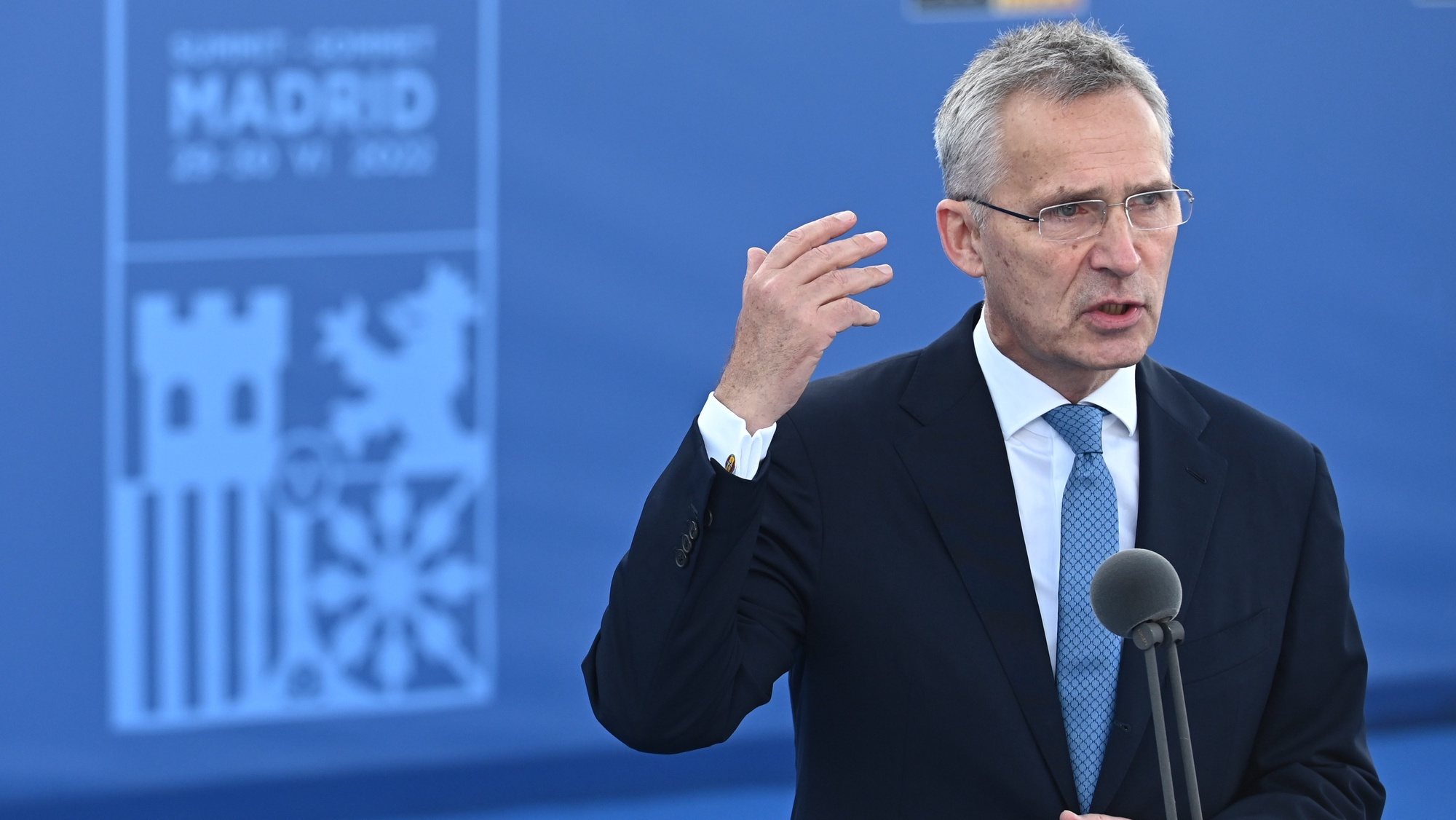 epa10040130 NATO&#039;s Secretary General Jens Stoltenberg talks to media upon his arrival to attend the first day of the NATO Summit at IFEMA Convention Center, in Madrid, Spain, 29 June 2022. Some 40 world leaders are to attend the summit, running from 29 to 30 June, focused on the ongoing Russian invasion of Ukraine. Spain hosts the event to mark the 40th anniversary of its accession to NATO.  EPA/Fernando Villar