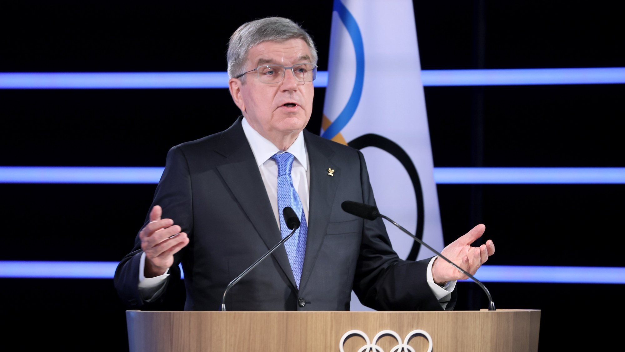 epa09960024 International Olympic Committee (IOC) President Thomas Bach attends the final day of the 139th IOC Session at Olympic House in Lausanne, Switzerland, 20 May 2022.  EPA/DENIS BALIBOUSE / POOL