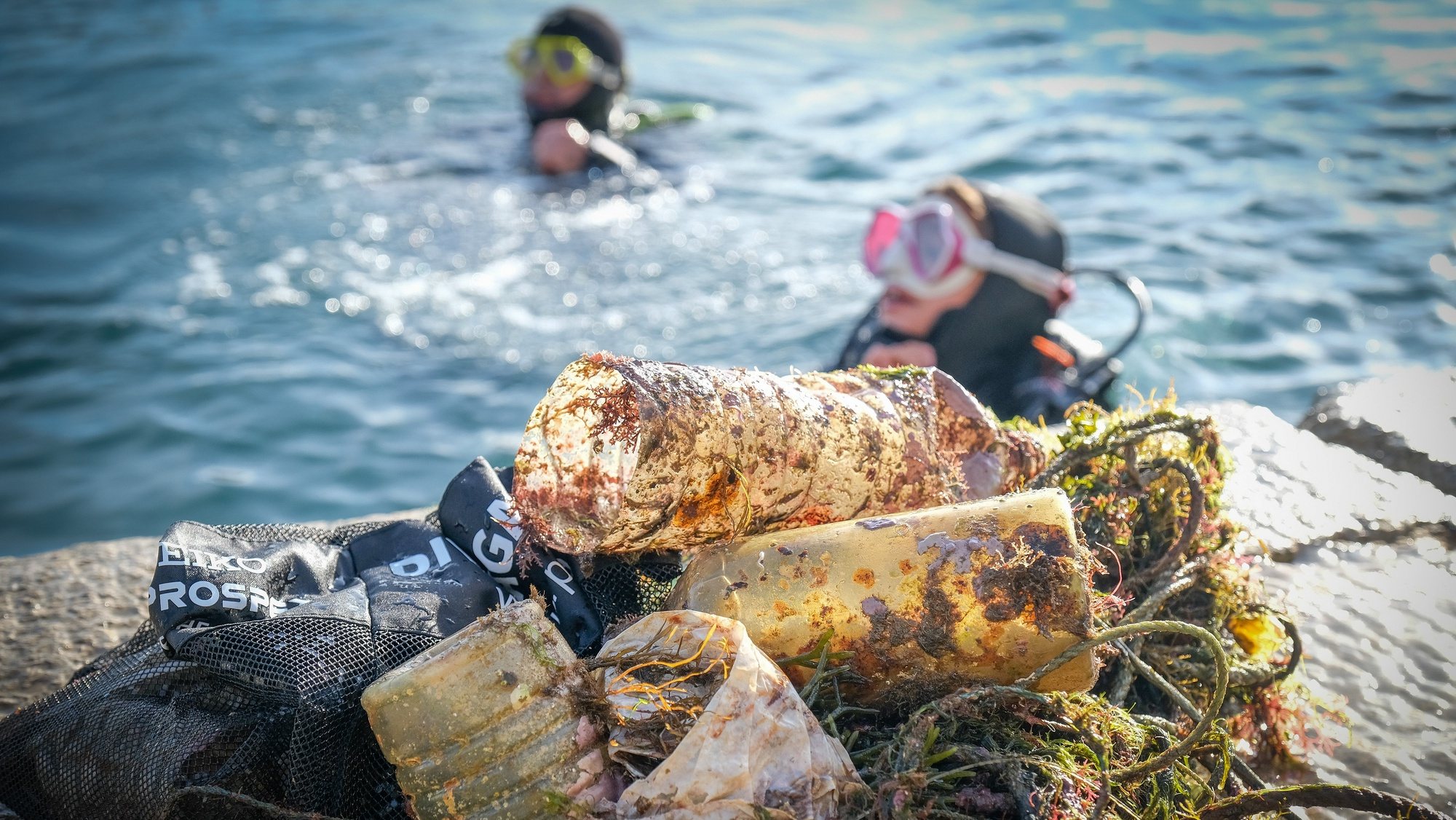 Trash collected by divers during an aquatic cleaning action with participants from all over the world to break the Guinness World Records record, promoted by the Oceanum Liberandum association, in Sesimbra, Portugal, 24 September 2022. The initiative aims to reinforce the importance of actions to protect marine life and combat climate change. RUI MINDERICO/LUSA